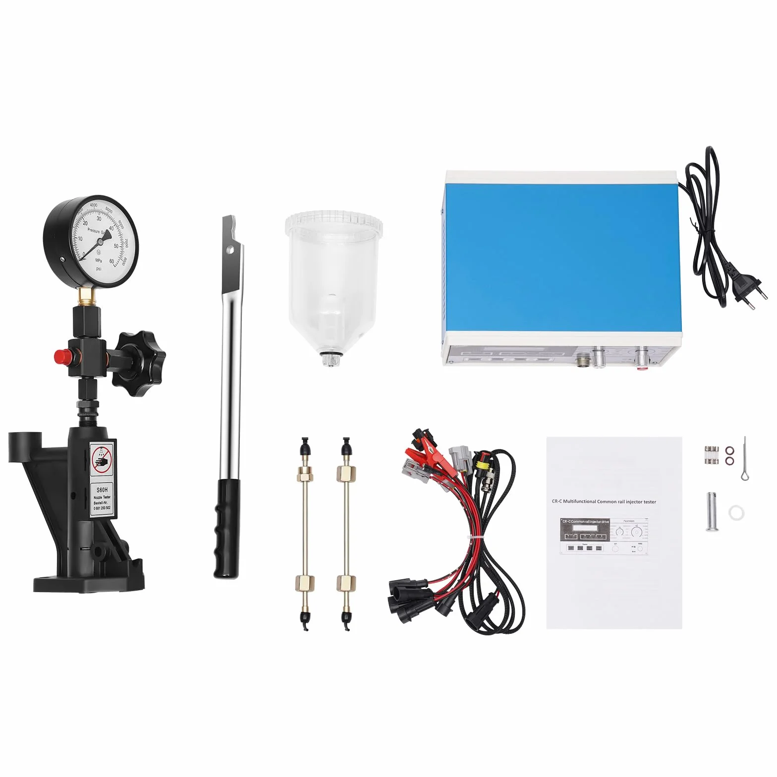 CR-C Tester Multifunzione per Iniettori Diesel 220V 0-600 bar, Strumento per Ugelli di Iniezione, Tester per Iniettori Common Rail & Validatore per Iniettori S60H 11 x 25 x 19 cm con 3