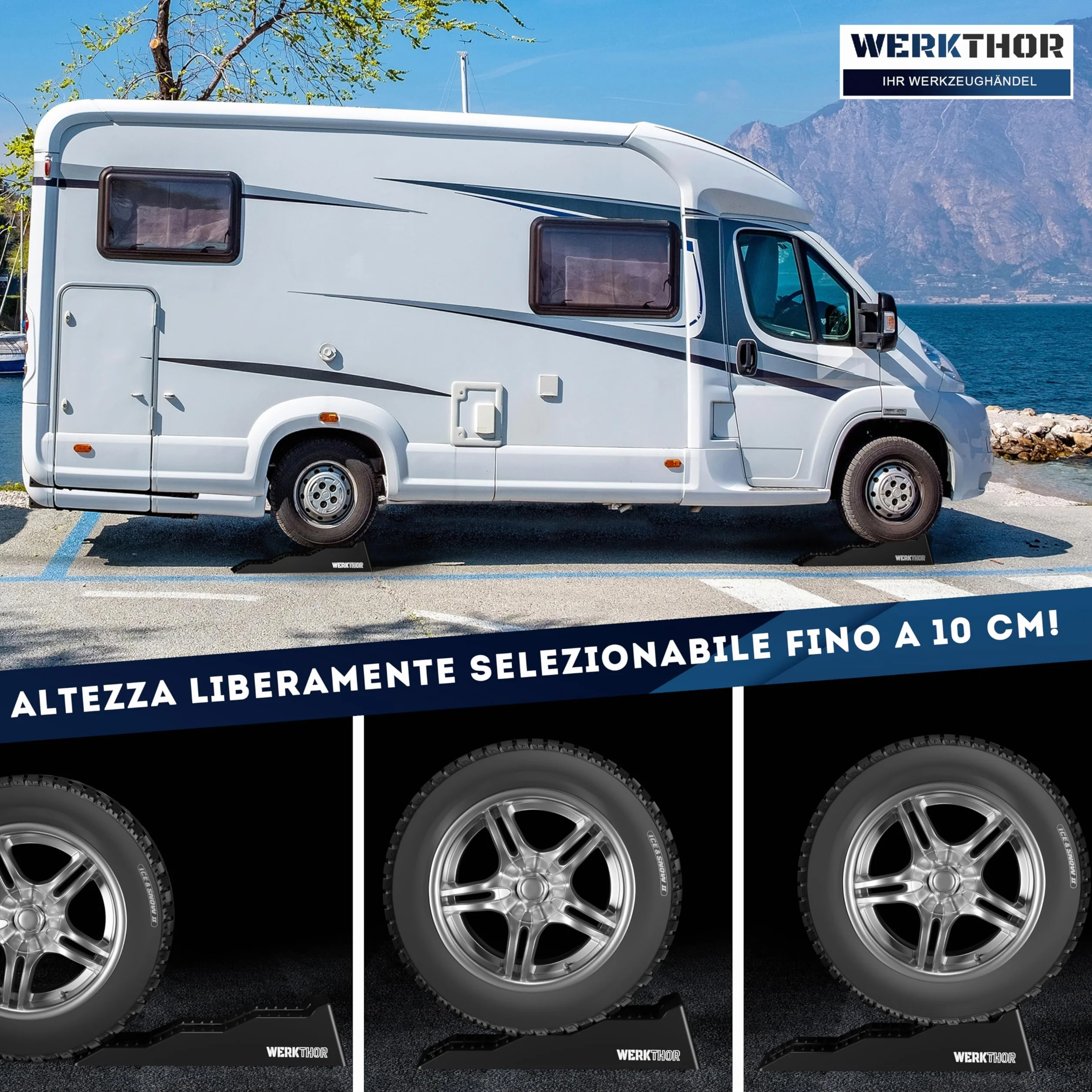 WERKTHOR Cunei per Camper [Nero Set 2 Pezzi] | Cunei Livellatori Camper fino 5T per Roulotte Van | Pedane Auto Sollevamento Resistenti Antiscivolo Ogni Superficie