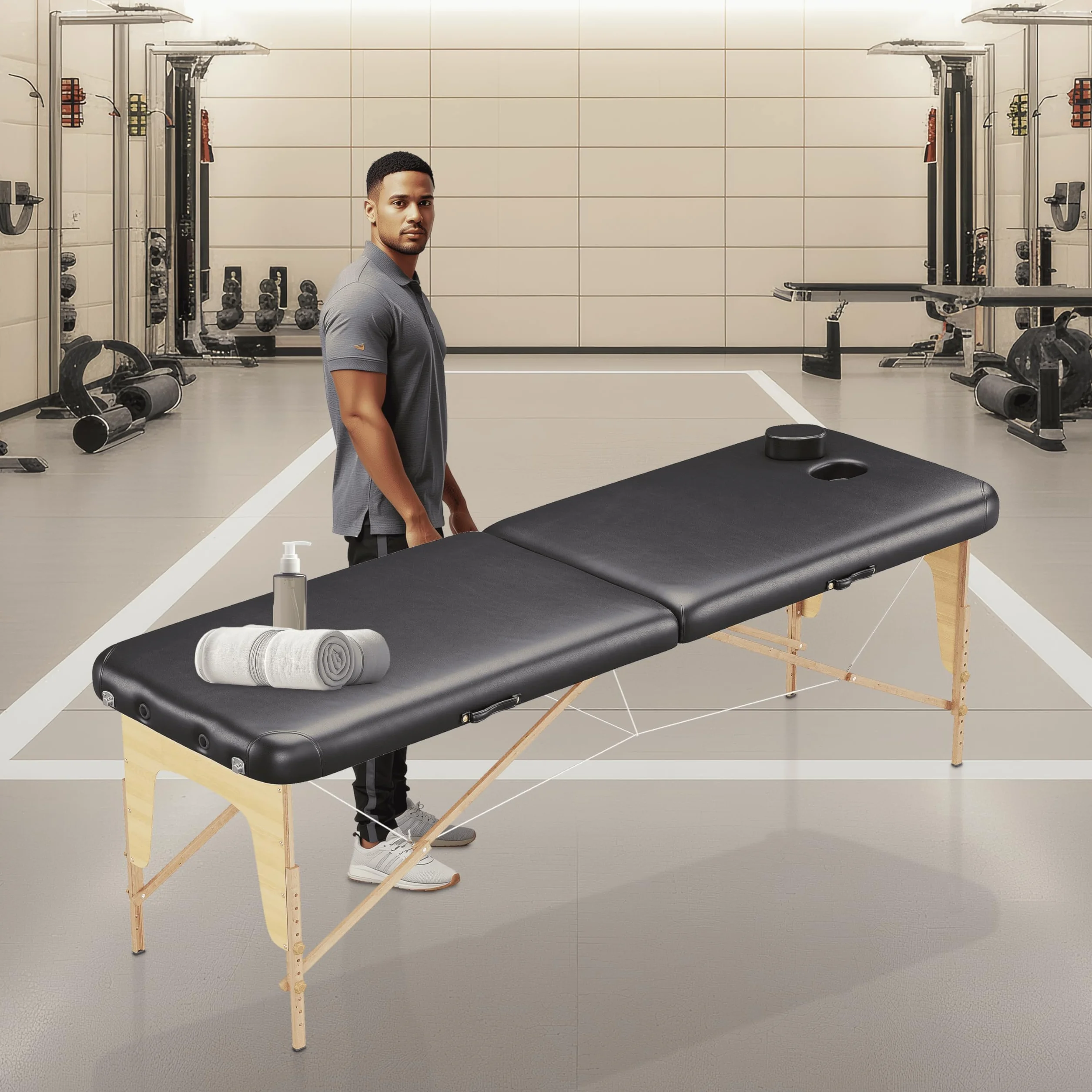 Beltom Lettino da Massaggio 2 Zone in Legno 185x60 cm Portatile 11,6 kg Pannello Reiki Angoli Arrotondati e Rinforzati Nero