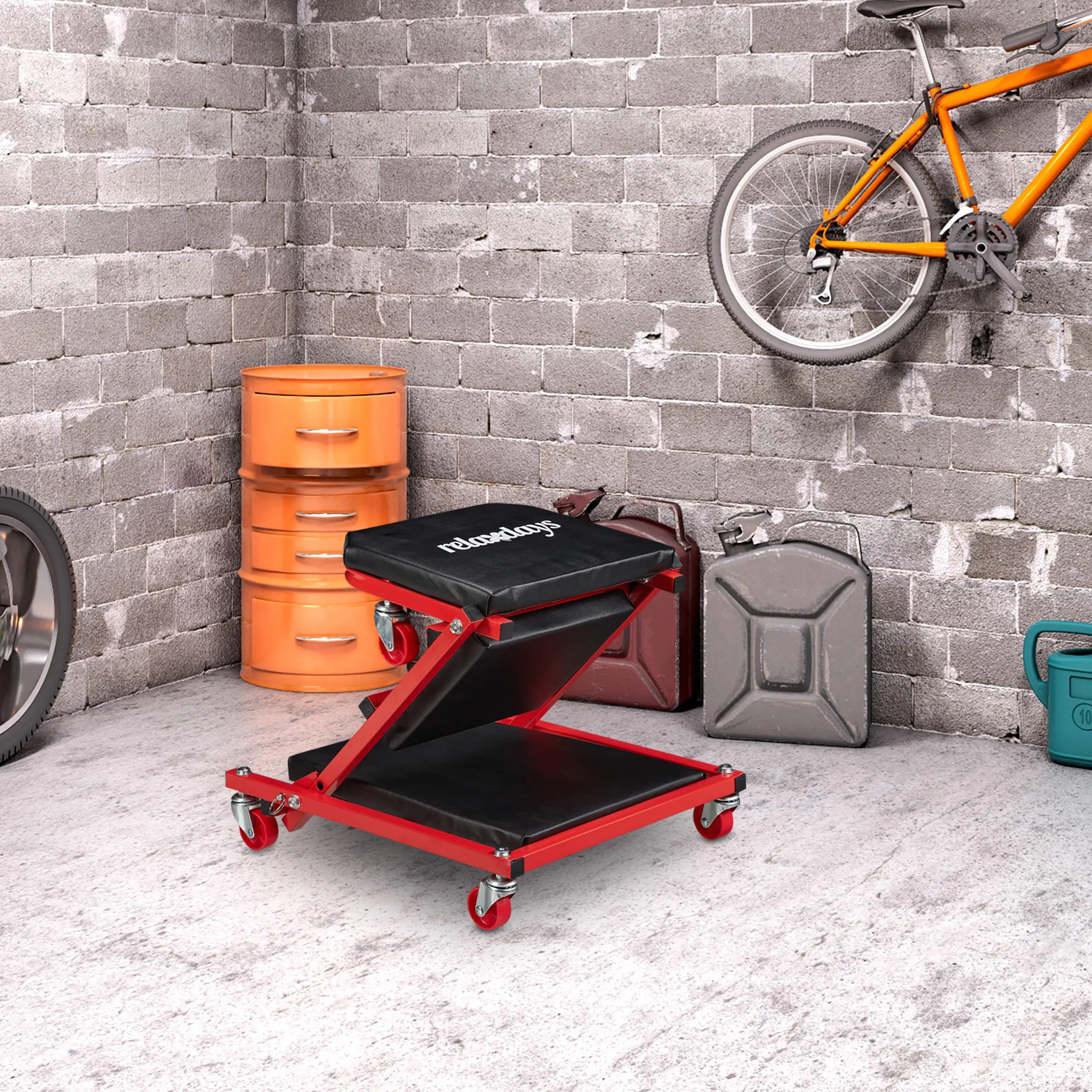Relaxdays Sgabello da Officina Pieghevole 2in1 150 Kg Rotelline Girevoli 360° Nero