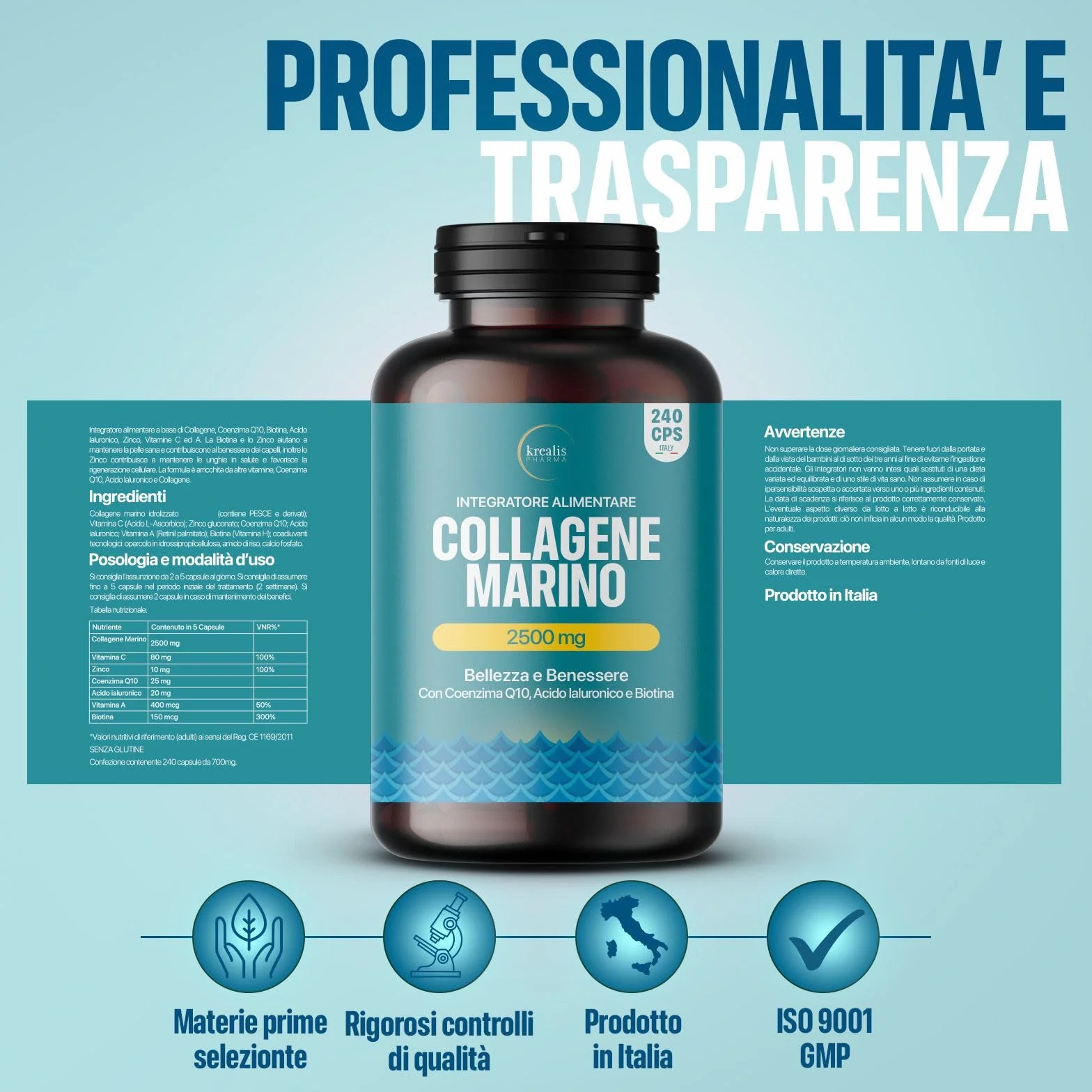 Collagene Marino con Acido Ialuronico 240 Capsule 2500 mg Integratore per Pelle Capelli Articolazioni