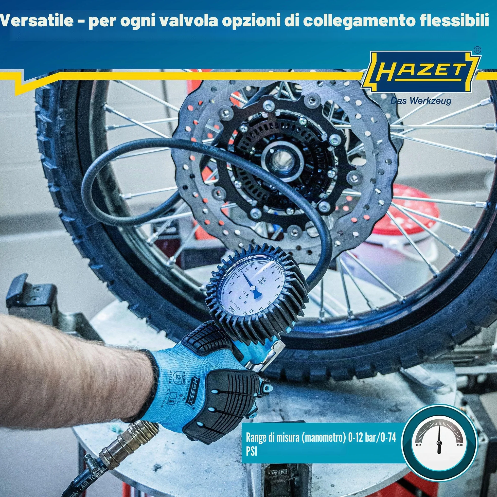 Manometro per pneumatici HAZET 9041G-1, Calibrato, di facile lettura, campo di misurazione del manometro: 0-10 bar, lunghezza del tubo flessibile: 1000 mm, diametro del manometro: 80 mm