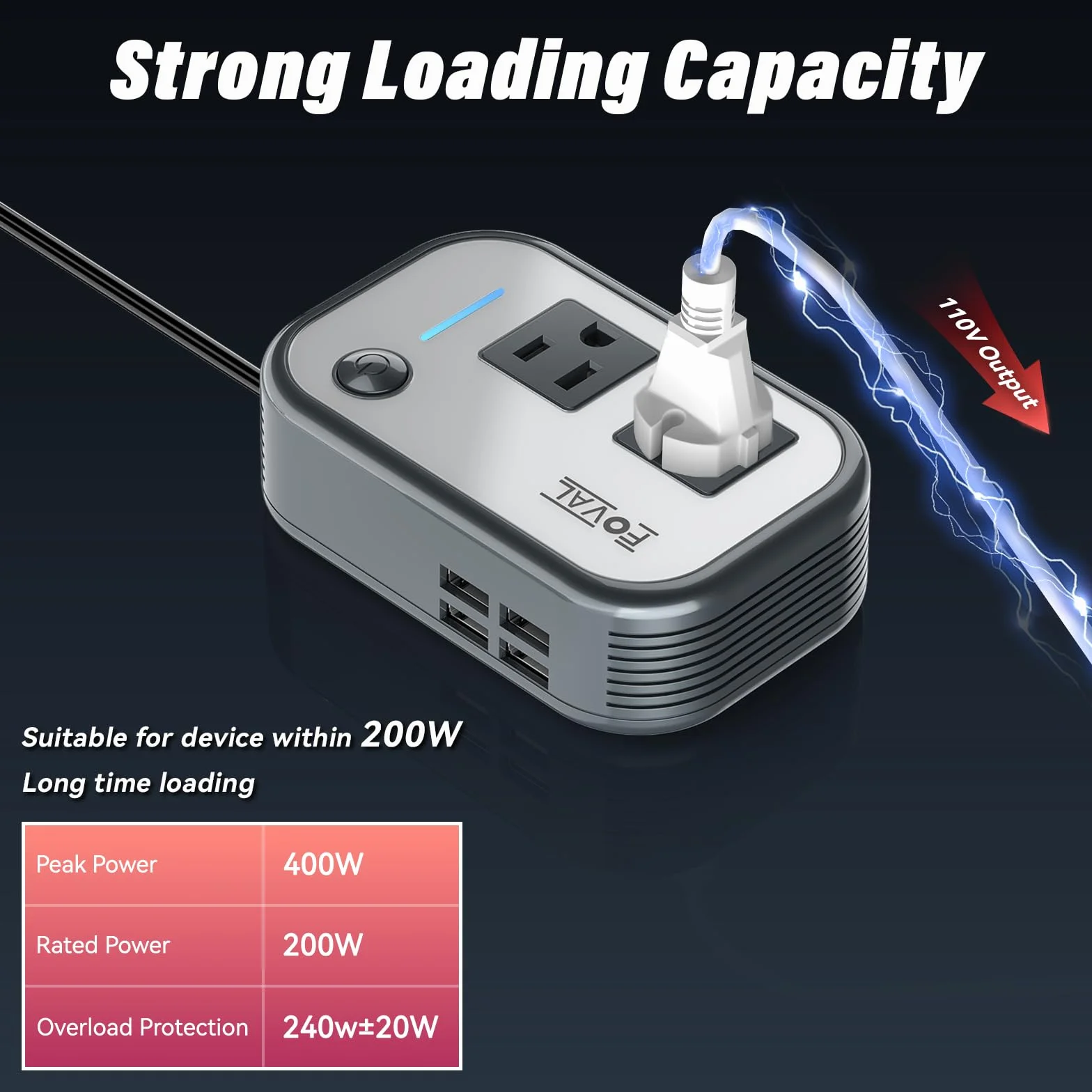 Foval 200W Car Power Inverter DC 12V to 110V AC with 8.4A 4 USB Charger