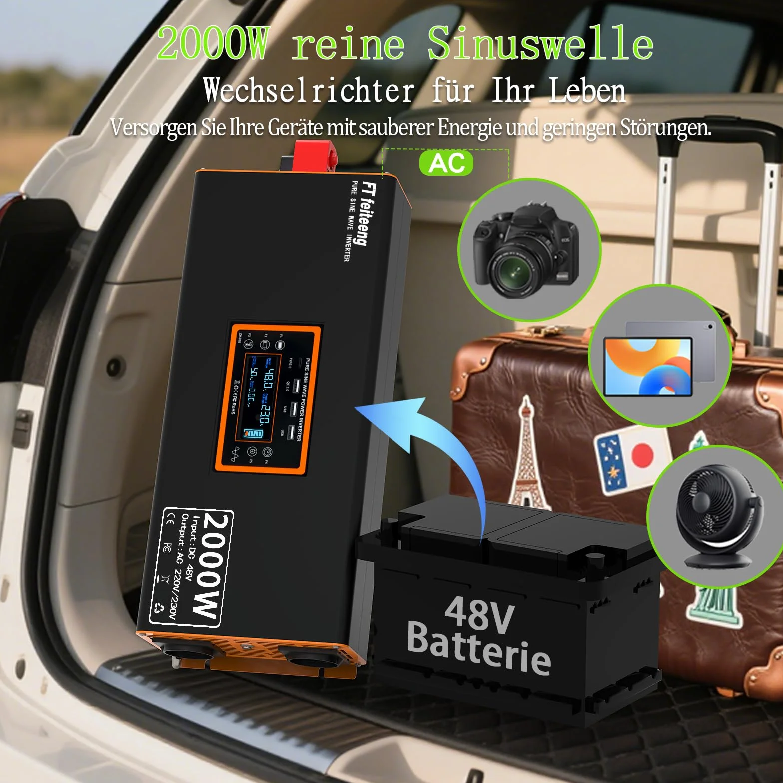 48V 2000W Pure Sine Wave Inverter 48V 220V LCD Display 2 EU Socket 4 USB-C Remote Control for RV Car Camping