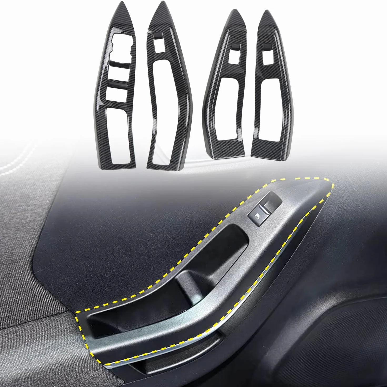 Coperture pannello interruttori porta e finestrino per Ford Puma 2019–2024 (guida a destra) – Rivestimento bracciolo effetto fibra di carbonio in 4 pezzi, compatibile con ST, ST‑Line