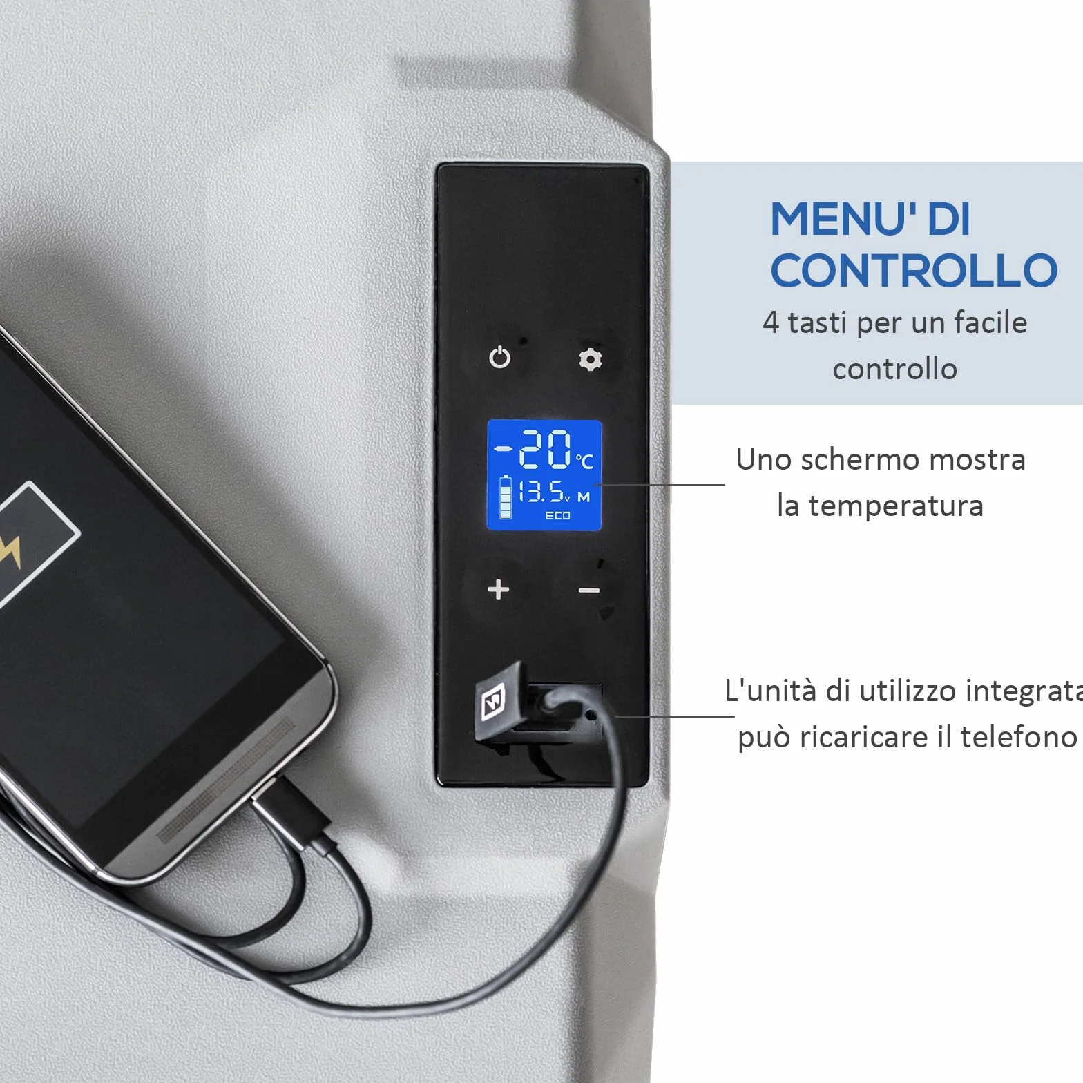 HOMCOM Frigorifero Portatile per Auto 50L 12/24V DC 110-240V AC, Frigo Portatile con Pannello Touch, Maniglia e 2 Rotelle, in Alluminio e Plastica, per Barca, Camper, 58.6x37.8x54.5 cm, Grigio