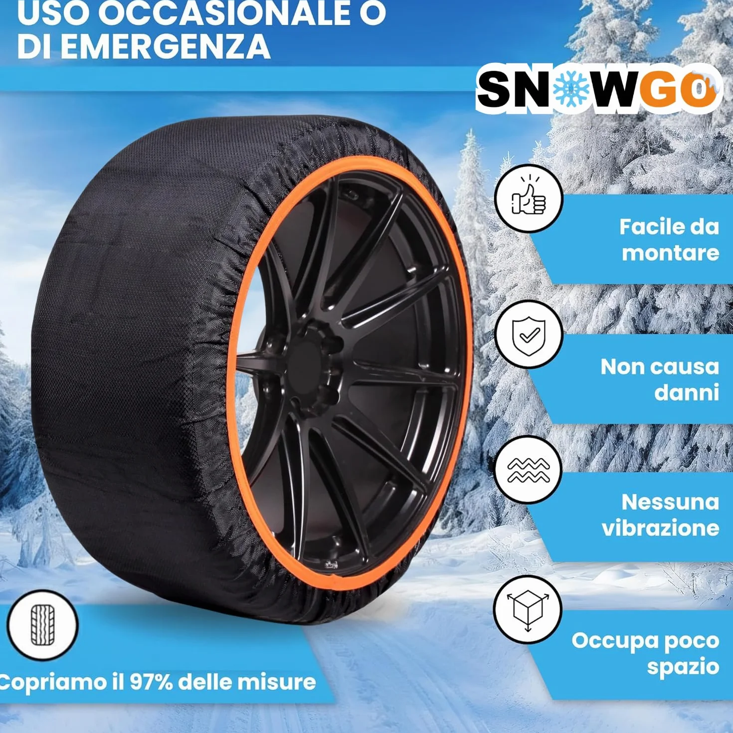 SNOWGO - Set di 2 calze da neve in tessuto - Taglie da M a XL - Omologate 16662-1 Europa - Compatibili con veicoli 4x4, veicoli elettrici, furgoni e veicoli commerciali <3,5T. (XL)