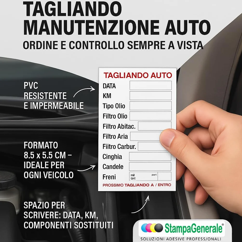 Etichette Adesive Tagliando Auto Cambio Olio Filtri Candele Freni, PVC Impermeabile 8,5 x 5,5 cm 50 Pz