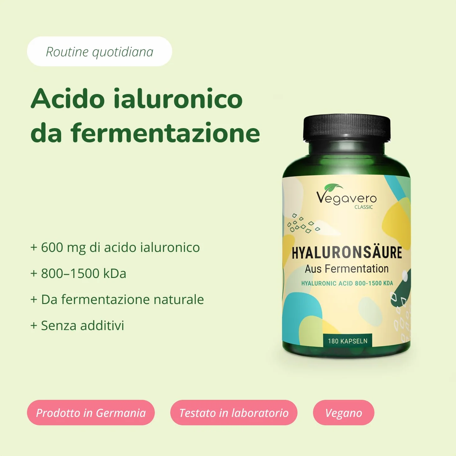 Vegavero® Kwas Hialuronowy 600 mg 800-1500 kDa 180 kapsułek Naturalny Wegański