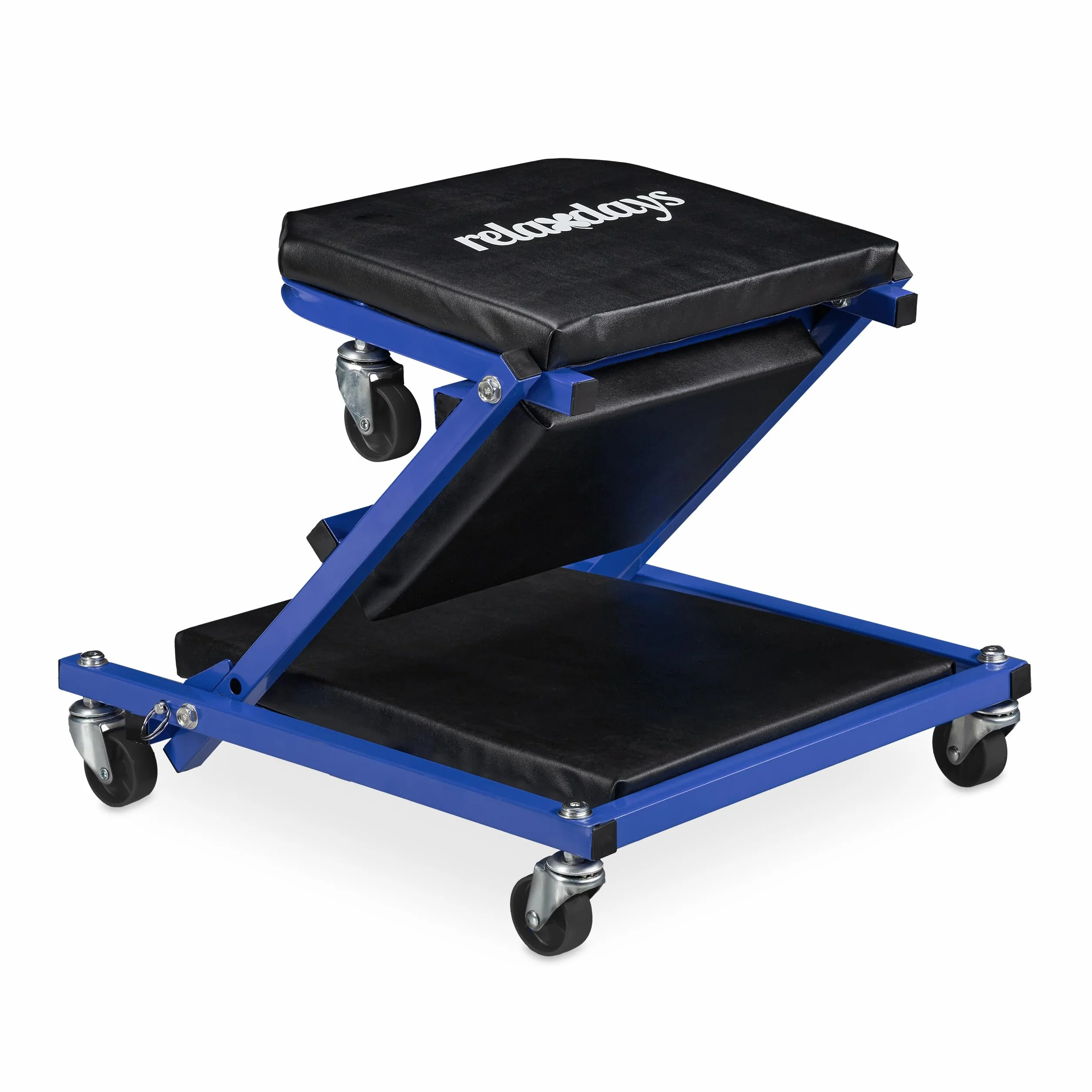 Relaxdays Sgabello Officina Pieghevole con Ruote 360° 150 kg Acciaio Nero Blu
