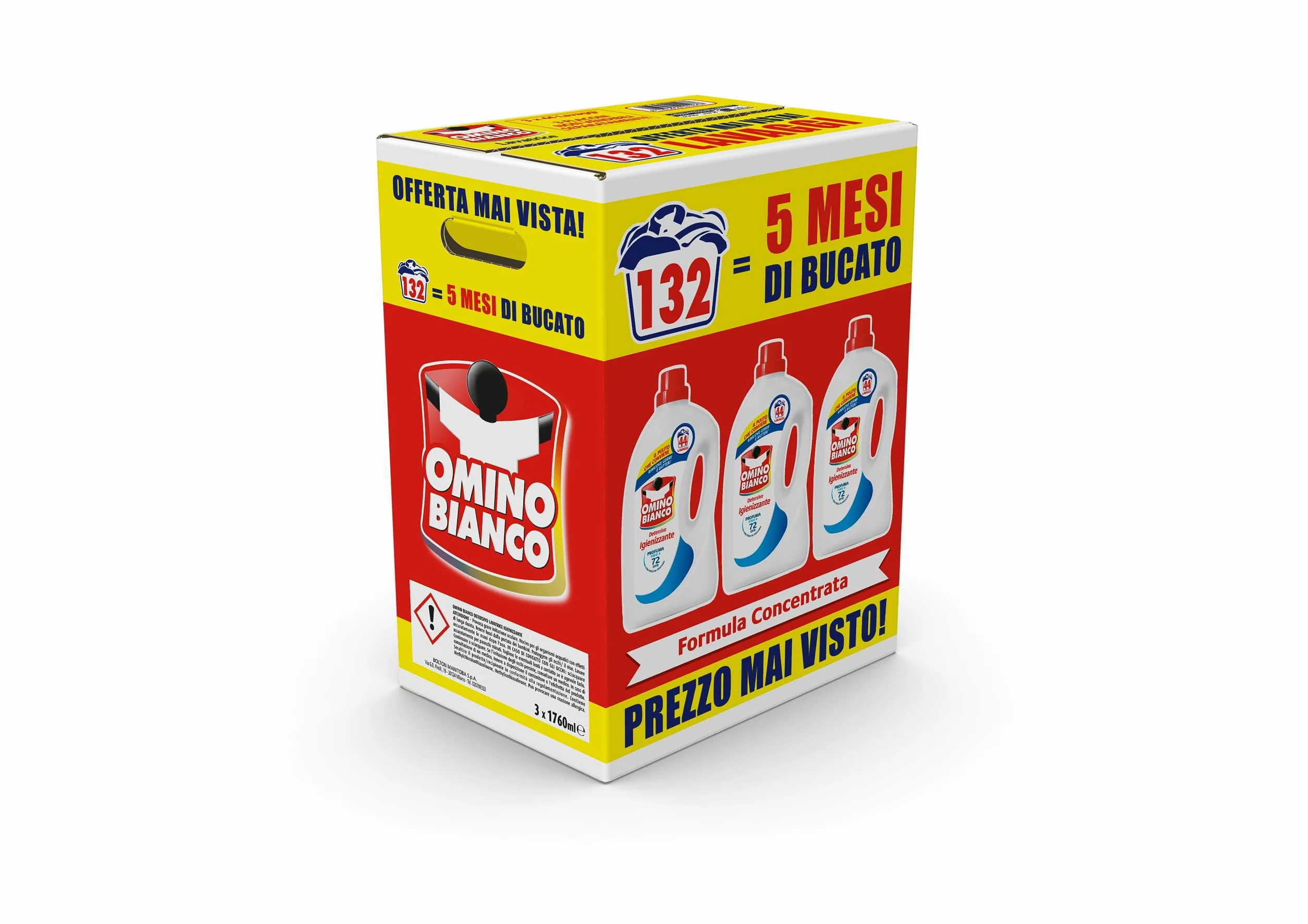 Omino Bianco Detersivo Lavatrice Igienizzante Liquido 132 Lavaggi 1760 ml x 3 Confezioni
