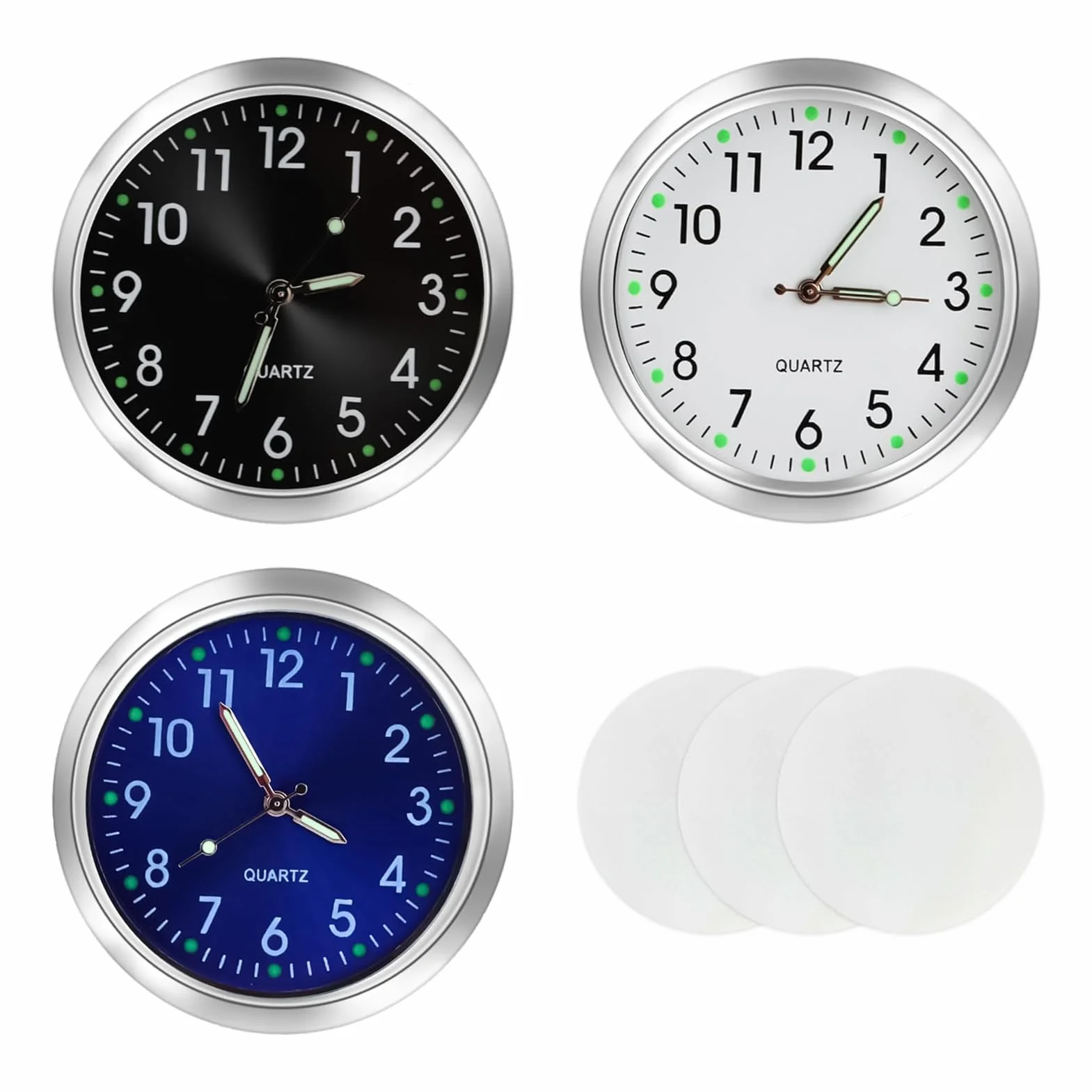 3 Pezzi Orologio per Auto, Mini Quarzo Metallo Cruscotto con Nastro Biadesivo, Nero Bianco Blu
