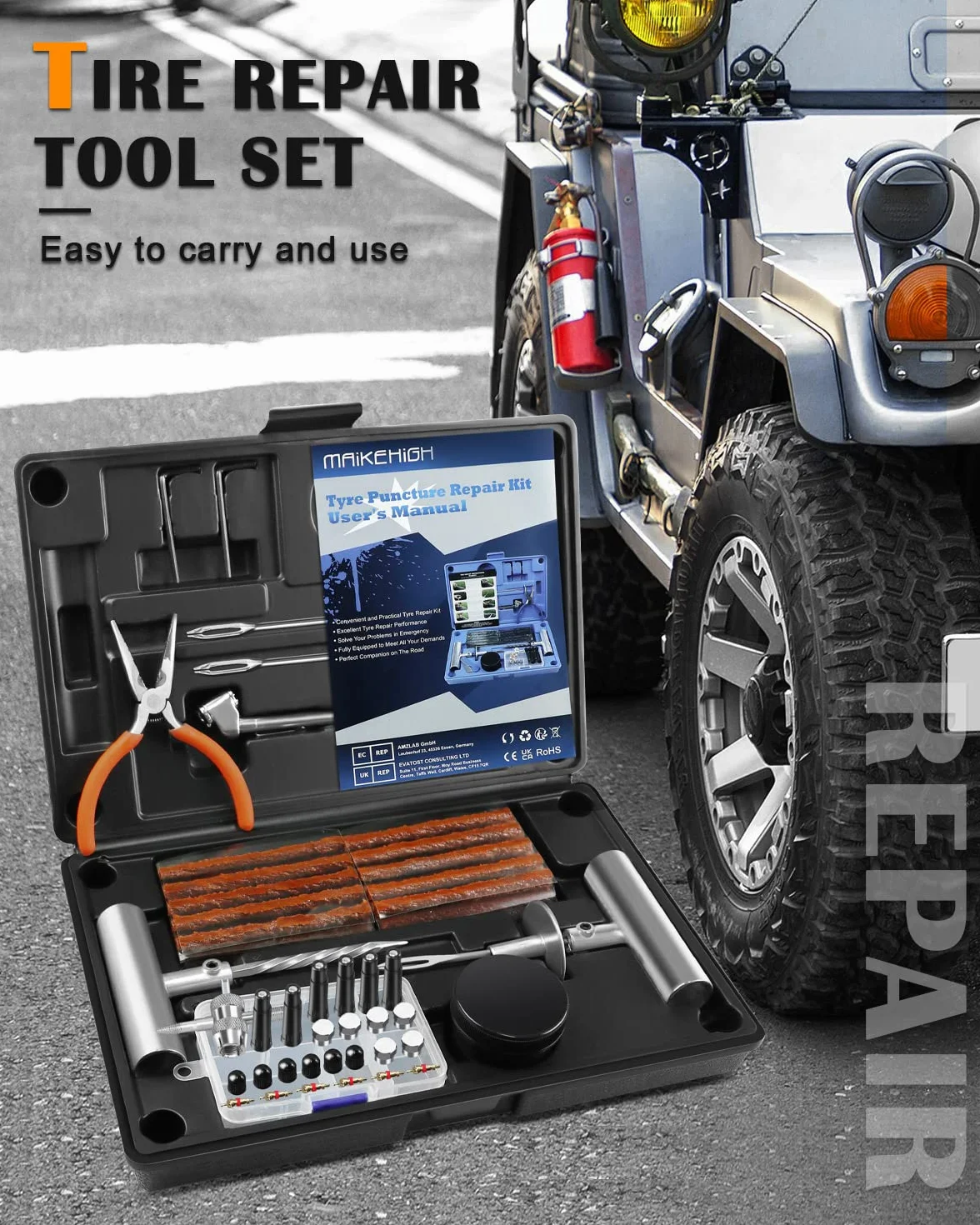 MAIKEHIGH Zestaw Naprawczy do Opon 88 Części, Tubeless Heavy Duty Profesjonalny do Moto, Camion, SUV, ATV