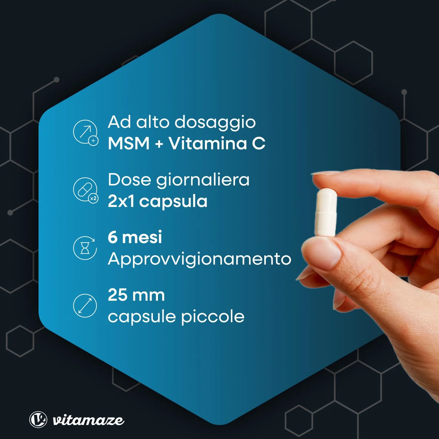 MSM Integratori per Capelli e Ossa + Vitamina C, 360 Capsule, Metilsulfonilmetano Puro al 99,9%, Qualità Tedesca