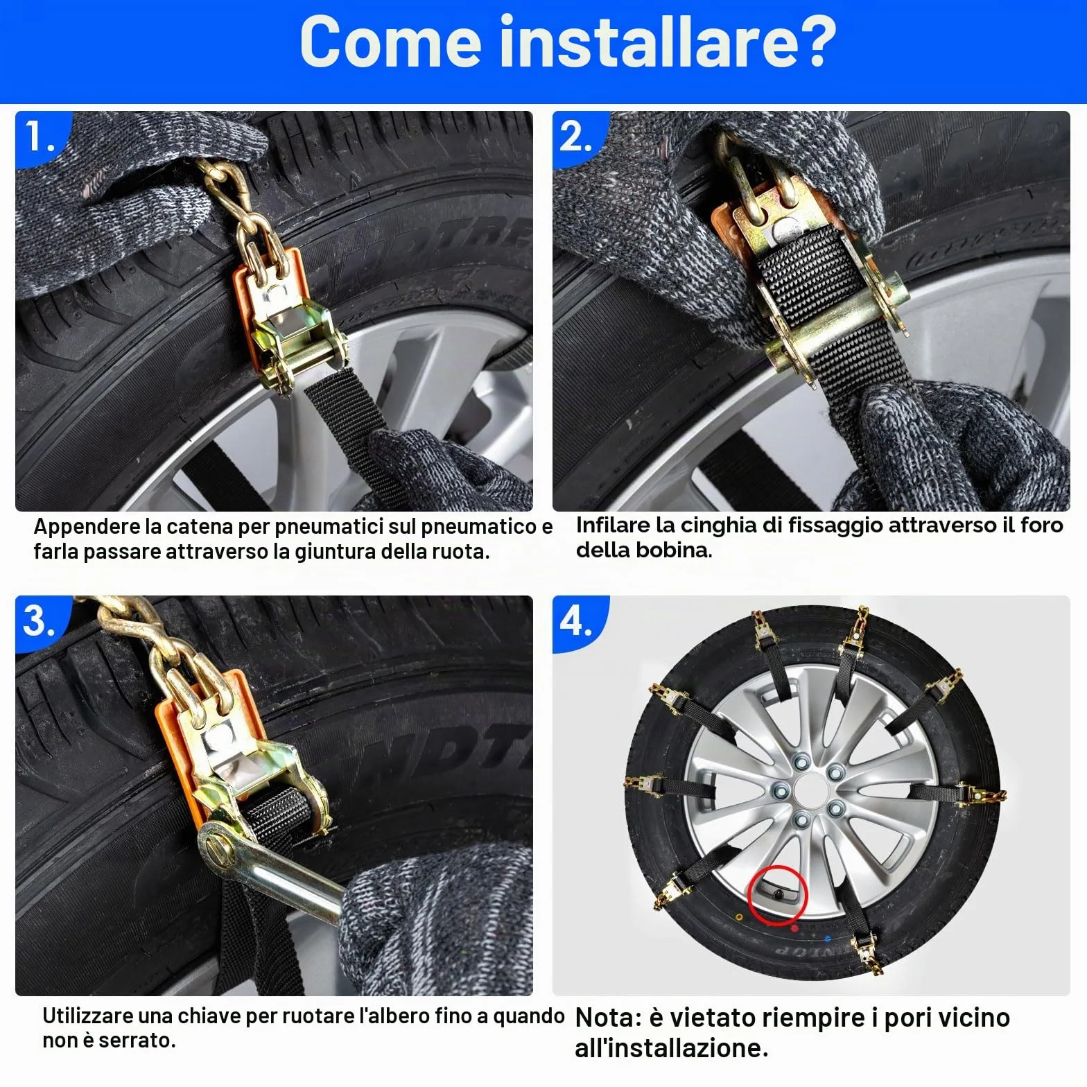 Ninonly Catene da Neve Universali 8Pcs per Auto - Montaggio Facile, Pneumatici 165-265mm, Guanti e Attrezzo Inclusi (Stringere la fibbia)