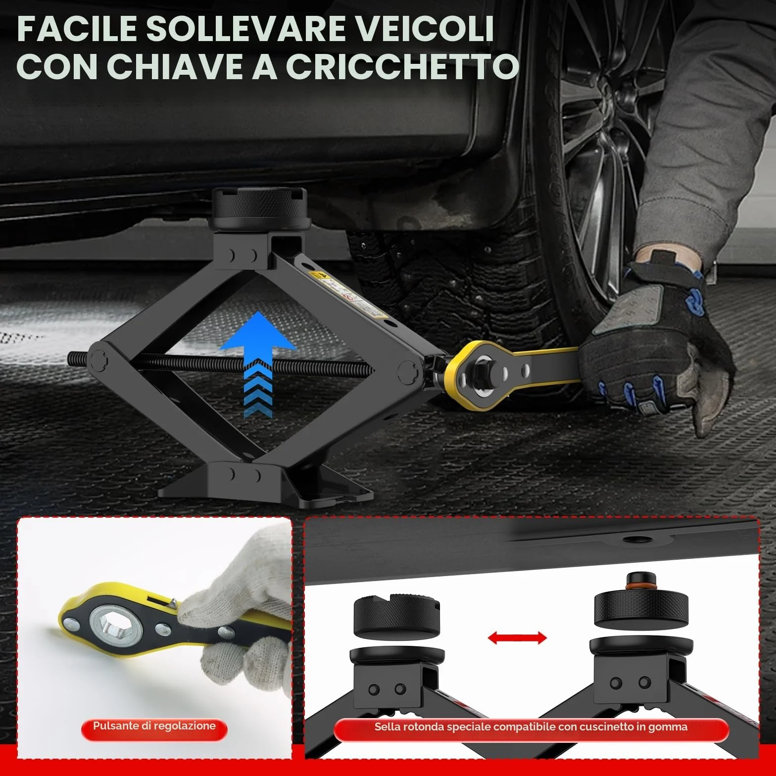 Cric Auto Universale 2.5T/2500kg Tampone Gomma Chiave Dadi Ruota Forbice Kit Emergenza Berline SUV Tesla Model 3/Y/S/X