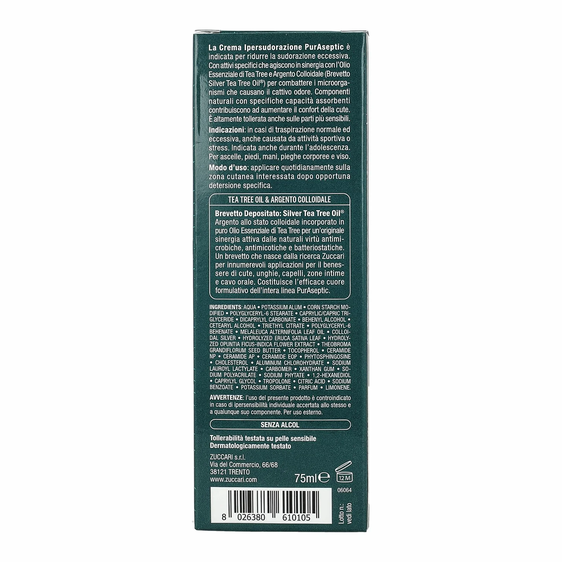Zuccari PurAseptic Crema Ipersudorazione 75ml Trattamento Sudo-Regolatore con Silver Tea Tree Oil, Tropolone e Allume di Potassio