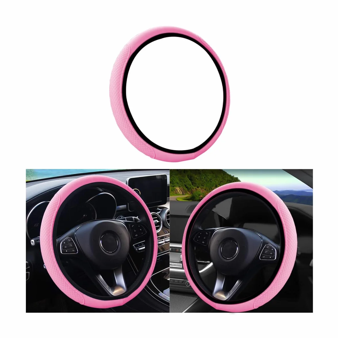 CGEAMDY Coprivolante per Auto, Coprivolante Auto Universale Finta Pelle, Traspirante e Antiscivolo, Pelle Microfibra Dimensioni Standard 38 cm, Accessori Auto Interno, Durevole Coprivolante(Rosa)