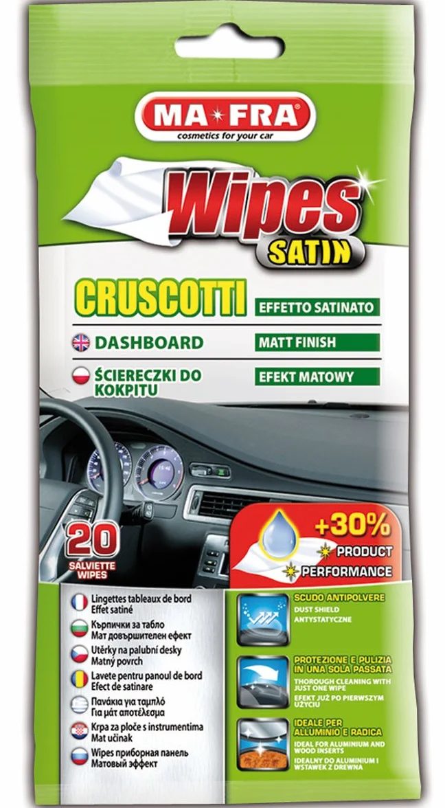 MAFRA Wipes Satin Salviette Monouso Effetto Satinato per Plastiche Cruscotti Alluminio Radica 20 Pezzi