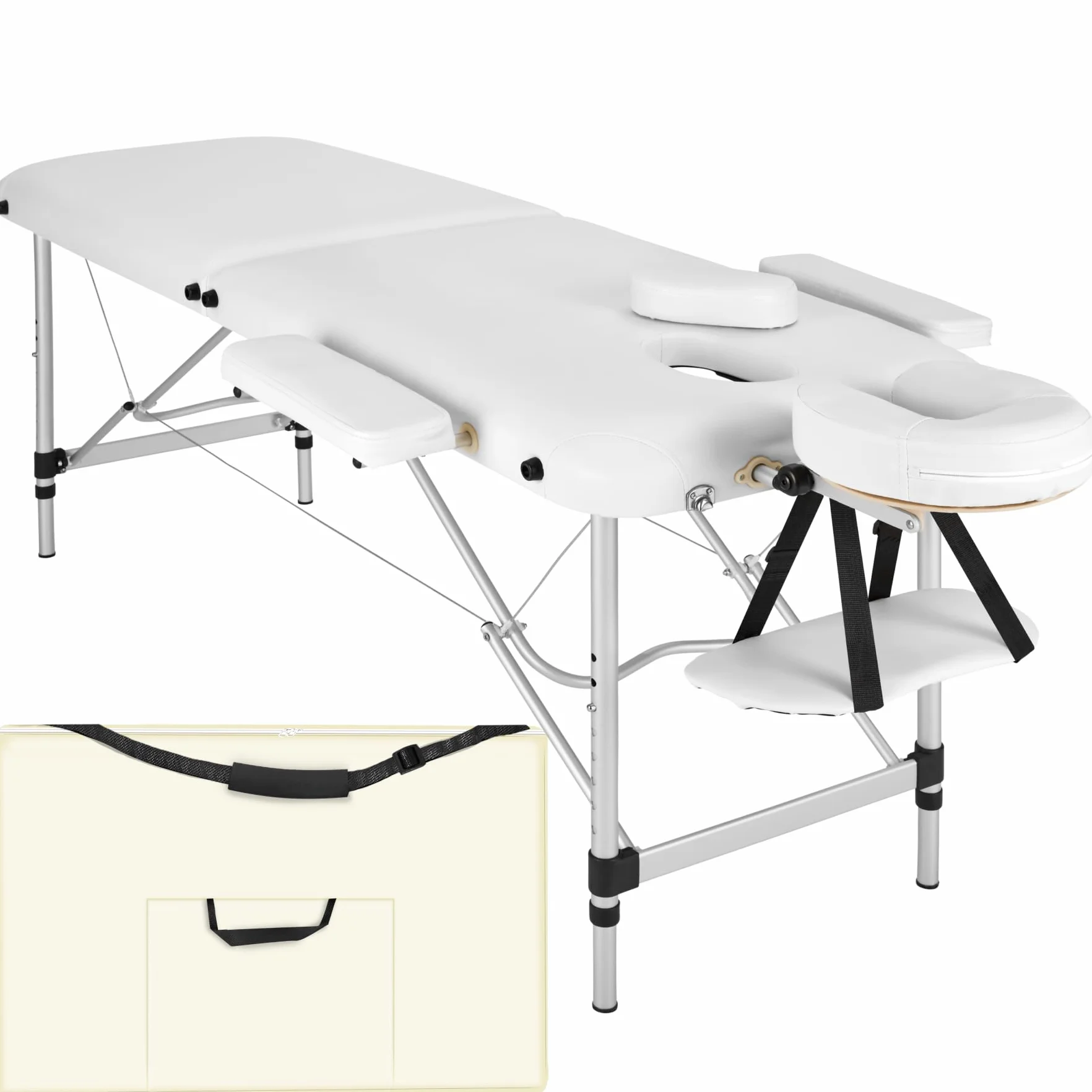 tectake Lettino Massaggio 2 Zone Portatile Regolabile Imbottitura Comfort Poggiatesta Multifunzione con Borsa Trasporto 230 kg Bianco