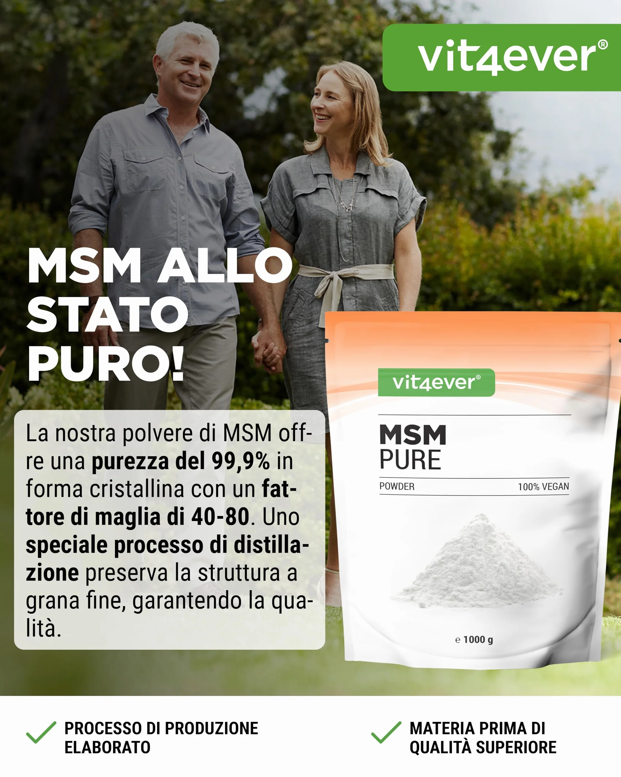 Polvere di MSM 1 kg 99,9% Metilsulfonilmetano Cristallino Puro Fattore Mesh 40-80 Zolfo Organico Vegano