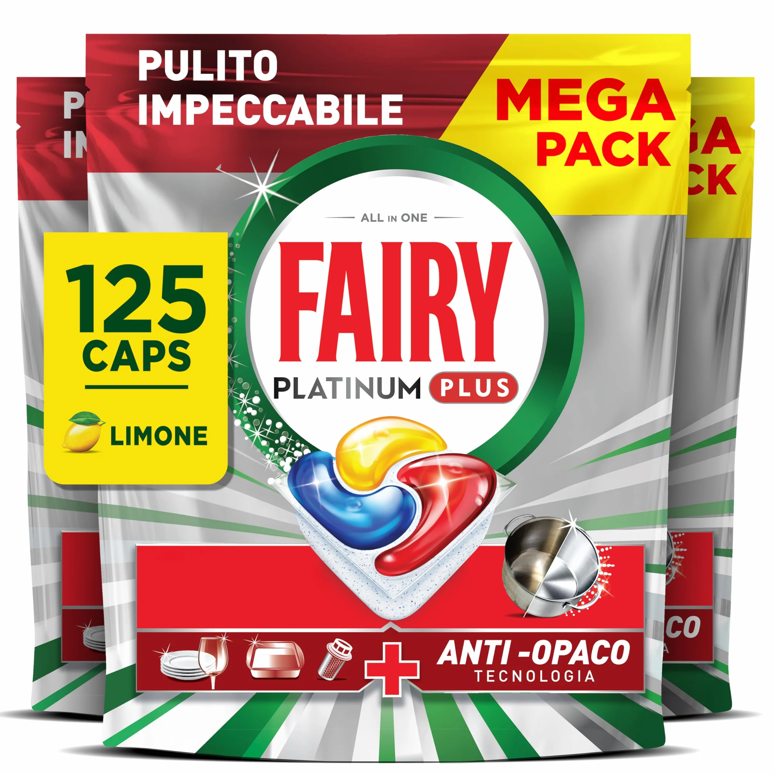 Fairy Platinum Detersivo Pastiglie Lavastoviglie Plus Complete 125 Capsule Limone Anti-Opaco