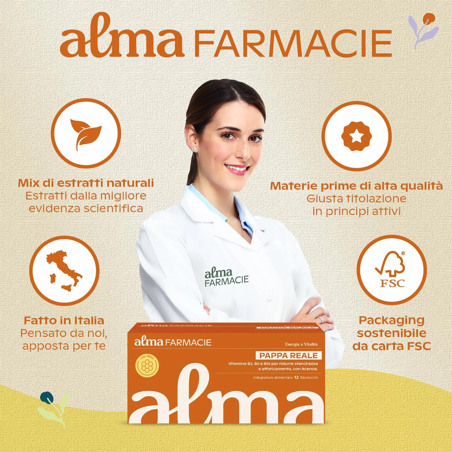 Pappa Reale Alma Farmacie Integratore Ricostituente con Vitamine B2 B5 B12 D e Acerola 12 Flaconcini