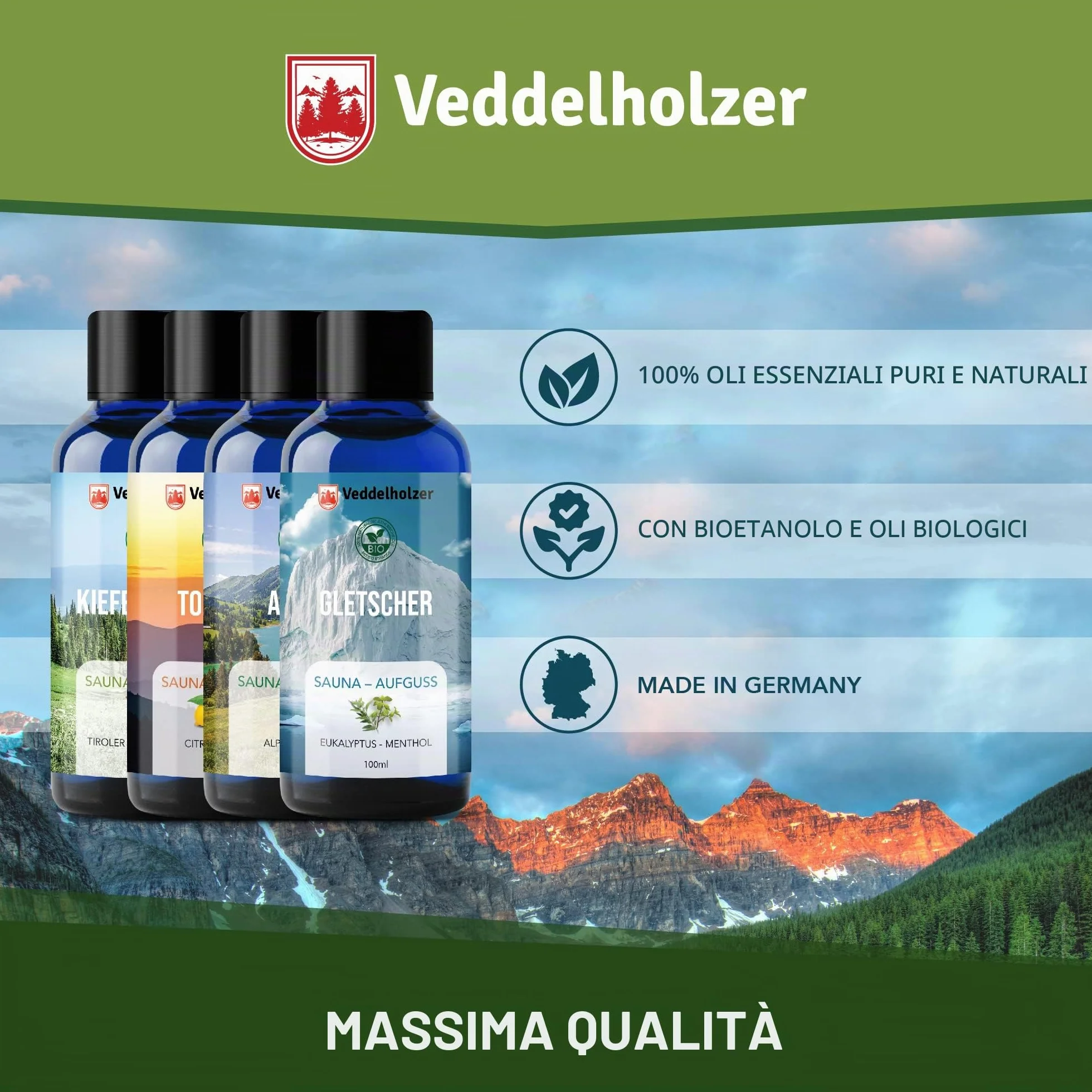 Veddelholzer Infusione per sauna BIO oli essenziali 100% naturali puri 4 x 100 ml set regalo