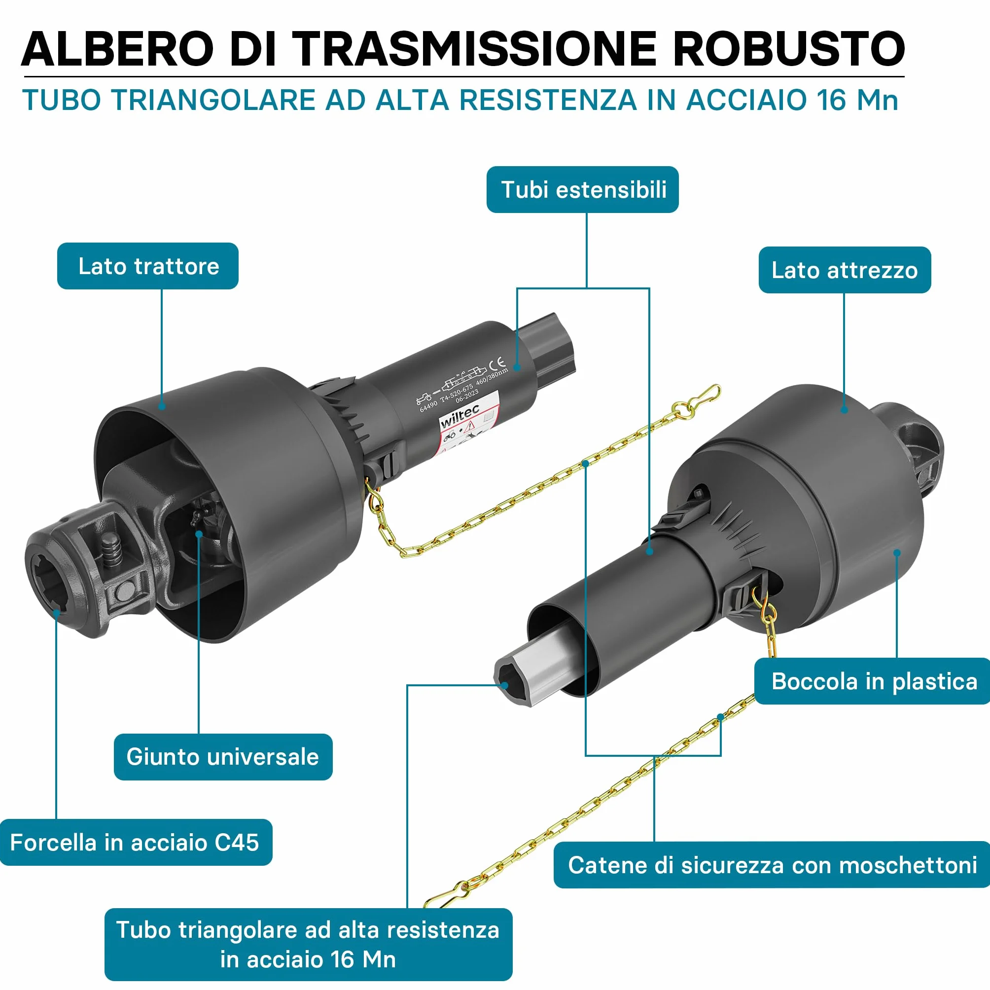 Wiltec Albero cardanico T4 Giunto cardanico 520mm 460Nm 540rpm Cardano 40kW (55CV) 2X 1 3/8" 6 Denti