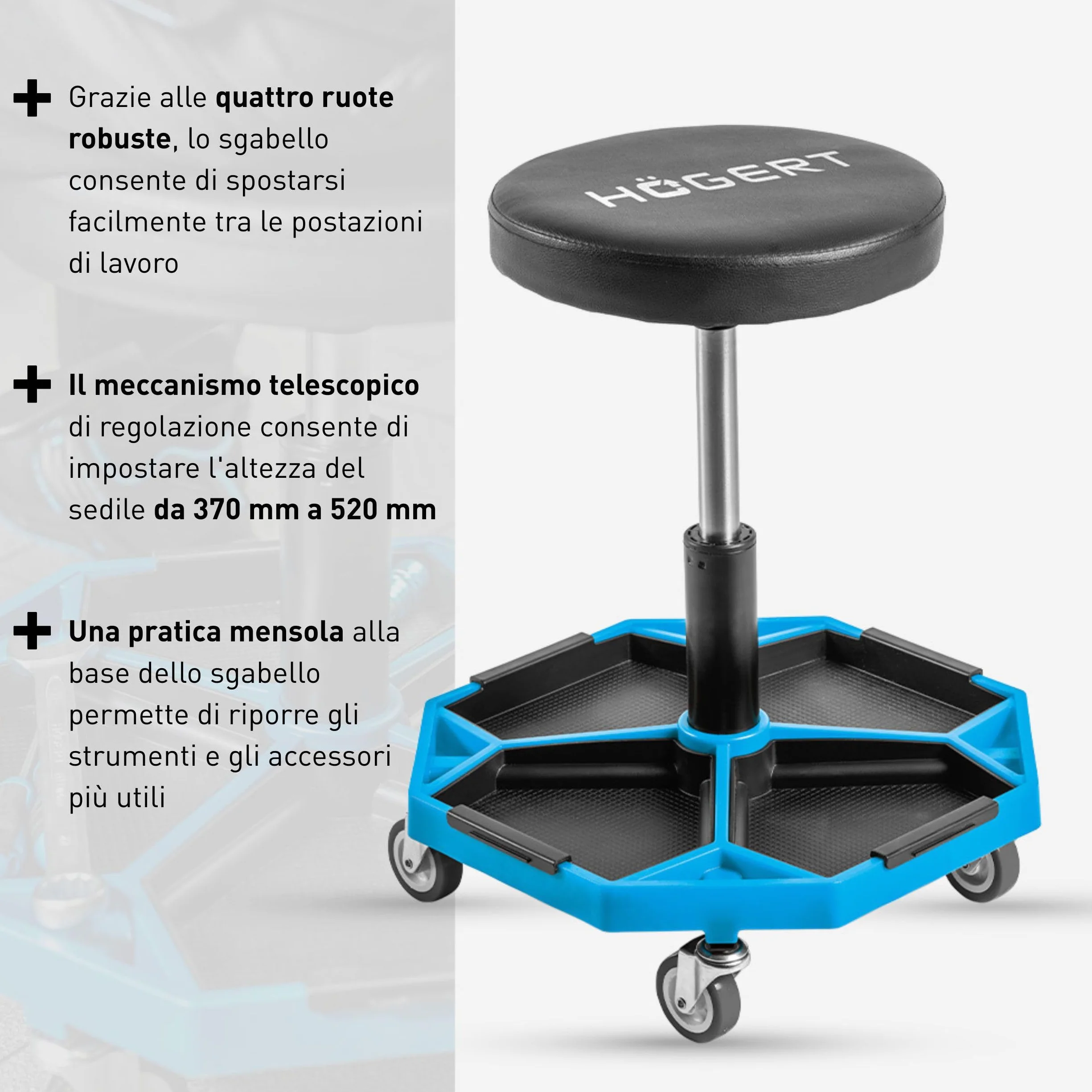 Högert Technik Sgabello da officina regolabile sedile telescopico carico massimo 140 kg