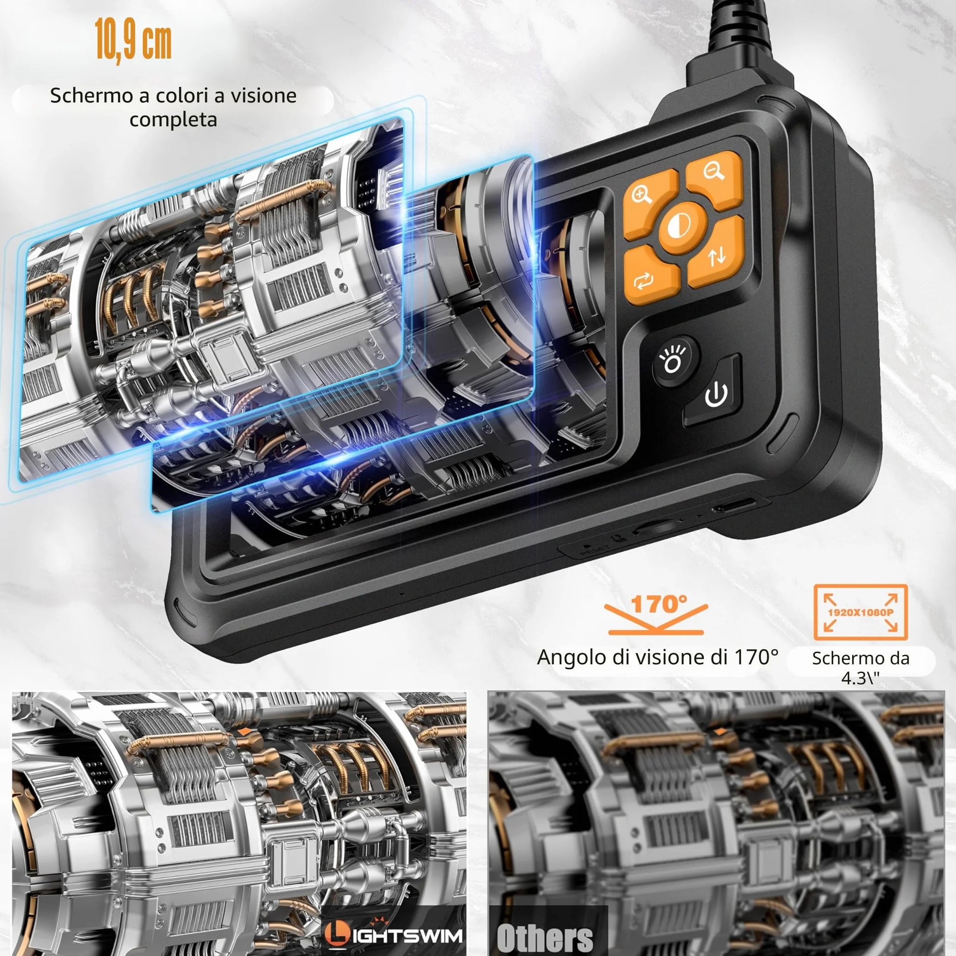 Boroscopio digitale HD 1080p 4,3" IPS telecamera ispezione IP67 impermeabile cavo semirigido 5m 8 LED
