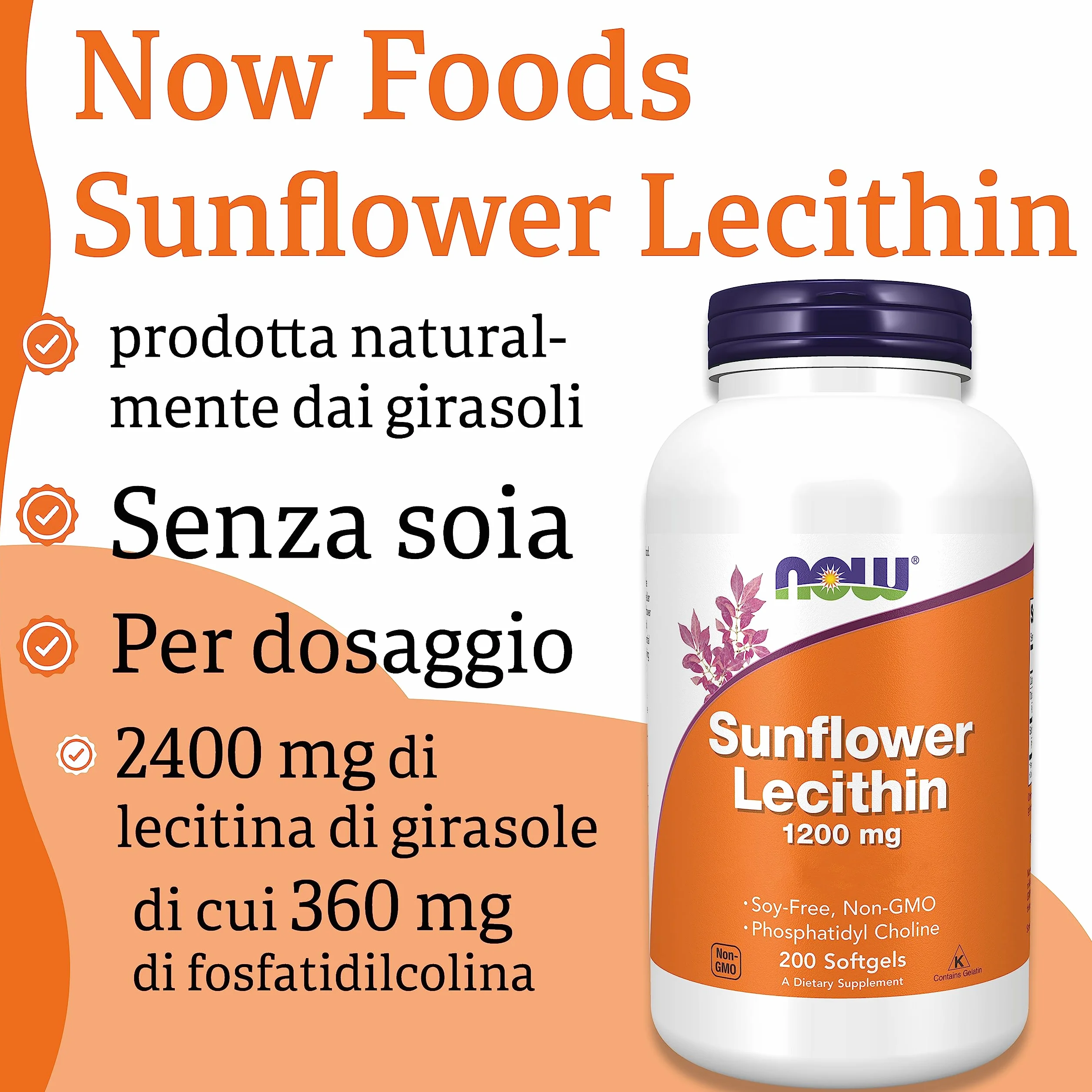Now Foods Sunflower Lecithin 1200mg 200 Softgels Laboratory Tested Gluten Free Soy Free