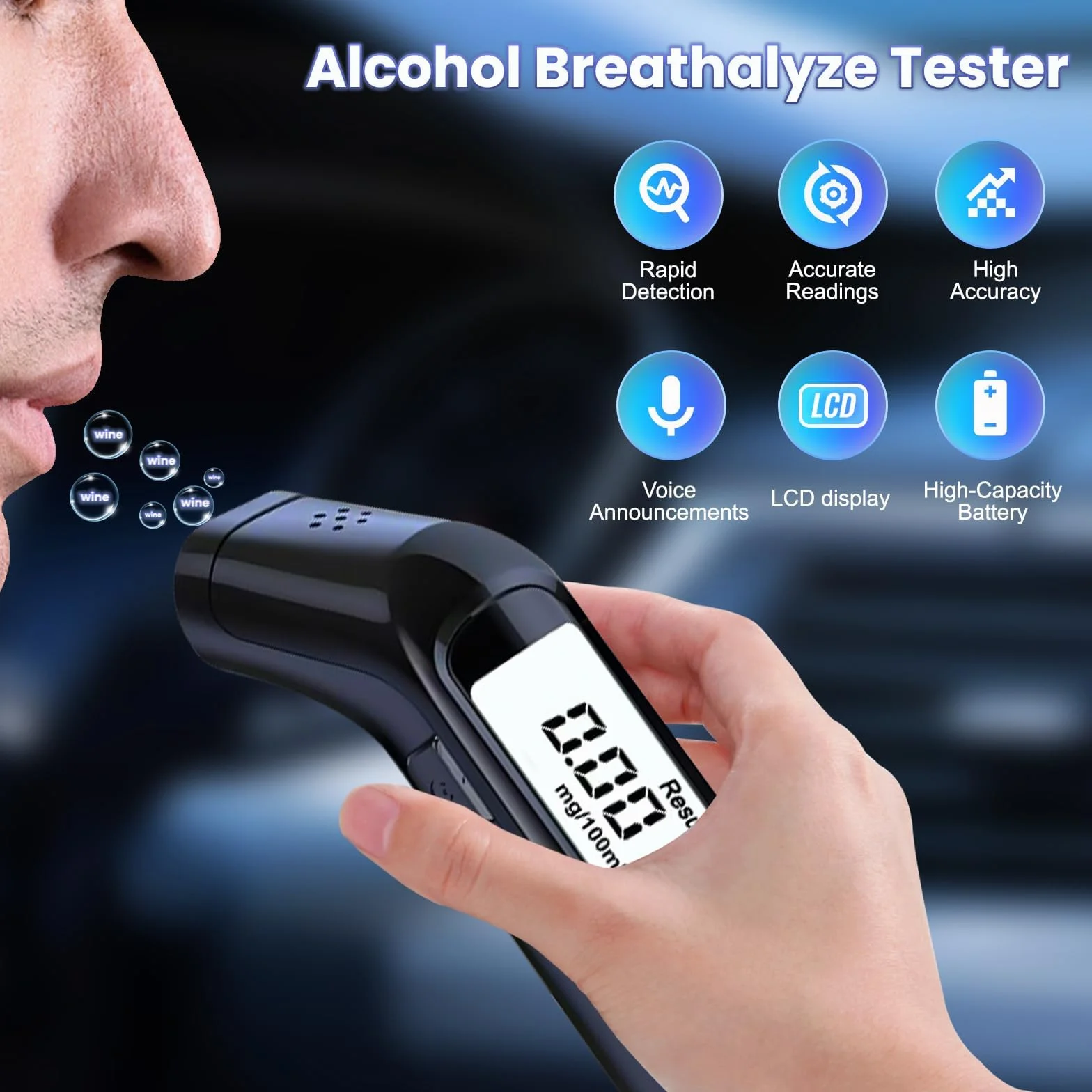 Etilometro Portatile Certificato Professionale con Alcol Test LED Alta Definizione Chip Alta Sensibilità Precisione Grado