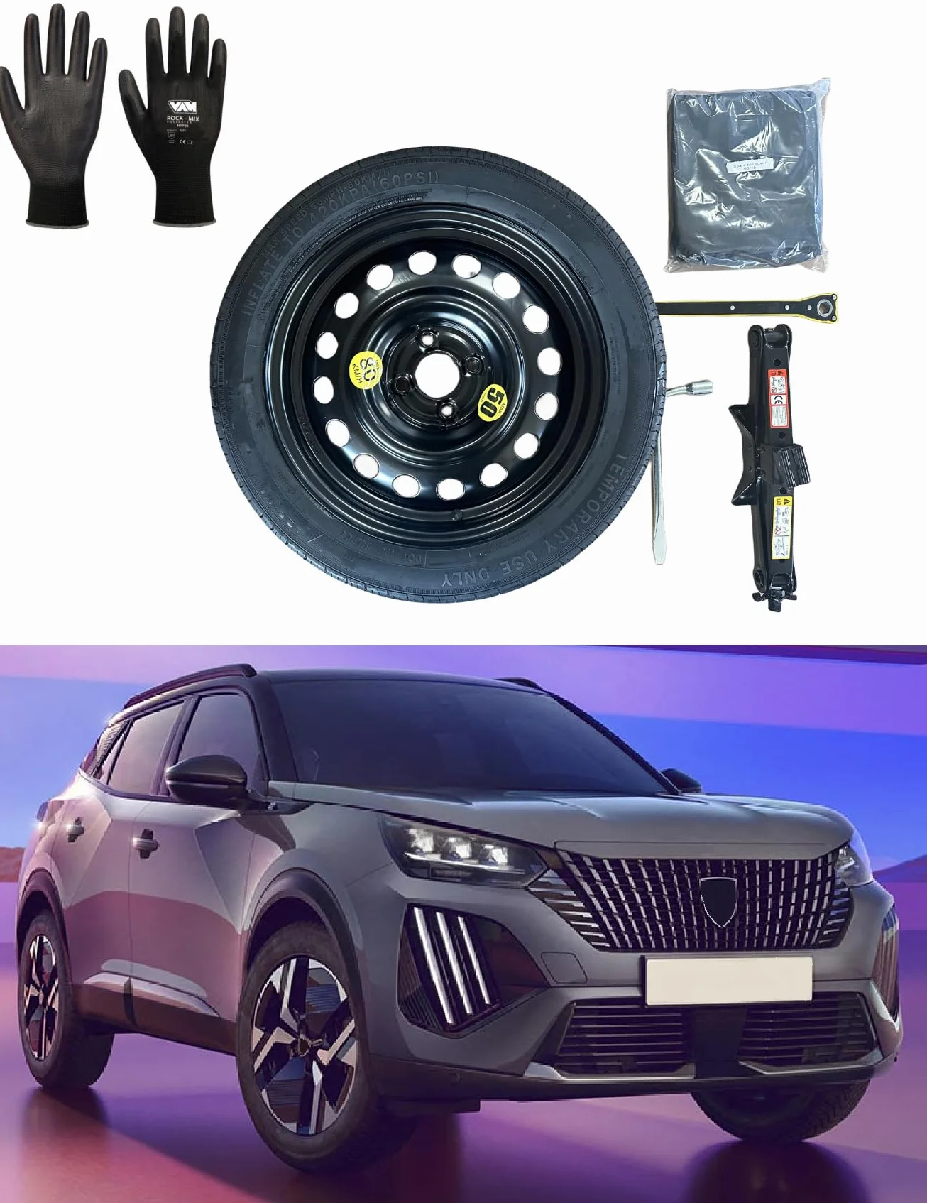 Kit Ruotino di Scorta 17" compatibile Peugeot 2008 (2020>) con Cric, Chiave, Guanti e Sacca