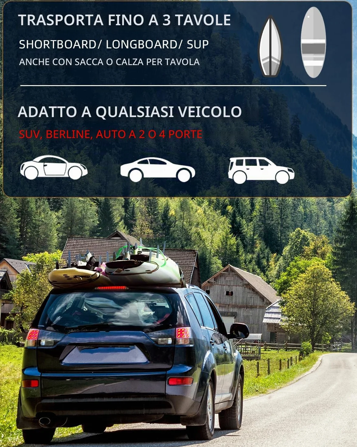 Abahub Soft Roof Rack Pads per tavola da surf, SUP, kayak, canoa, con 4 cinghie di ancoraggio, 2 corde di ancoraggio, 2 passanti per il cappuccio e custodia (da utilizzare senza traversa)