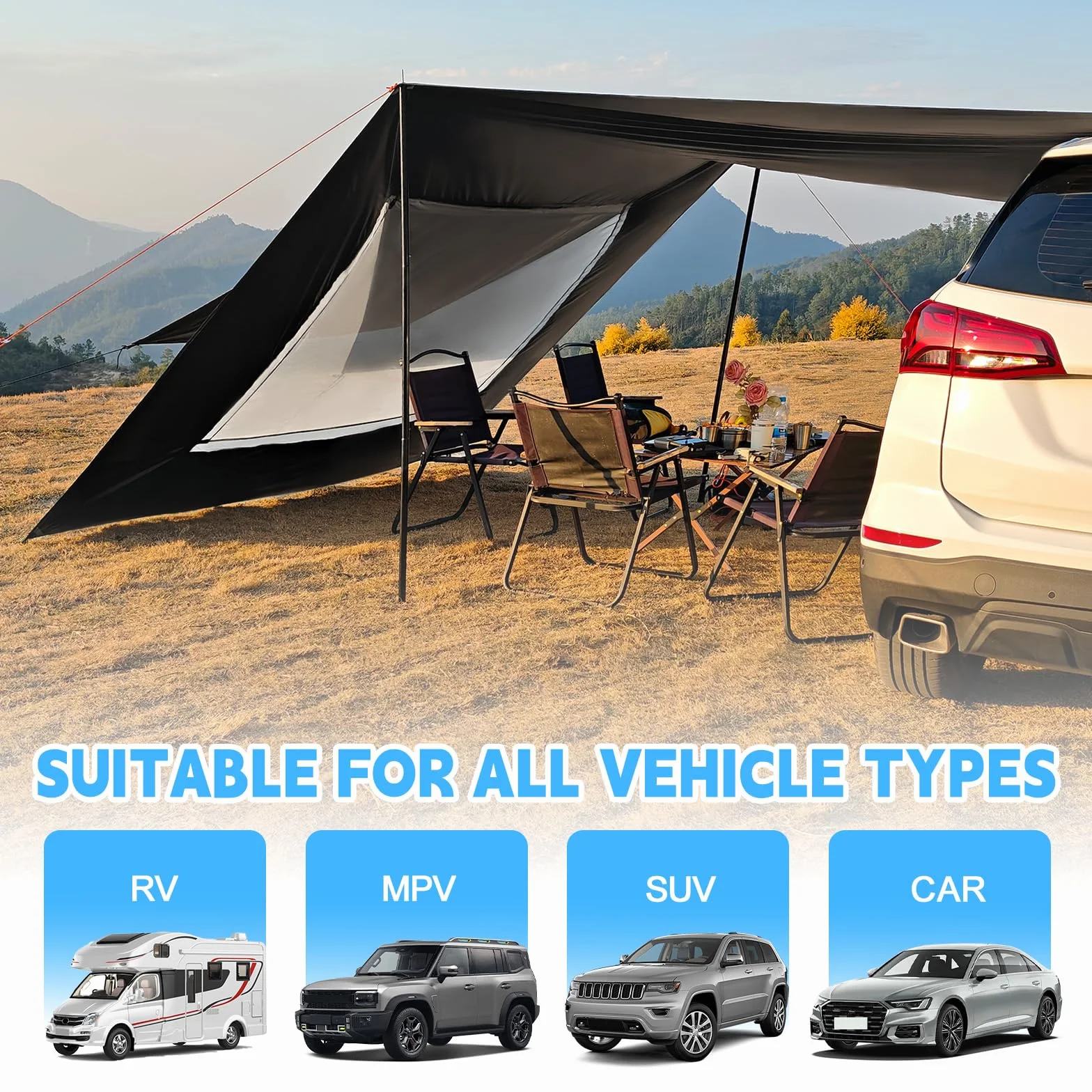 WingFly Tenda Da Campeggio Per Camper, 2,9 X 4,8 M, Tenda Da Sole Impermeabile E Protezione Solare Per Portellone Posteriore, Con Palo (Nero)