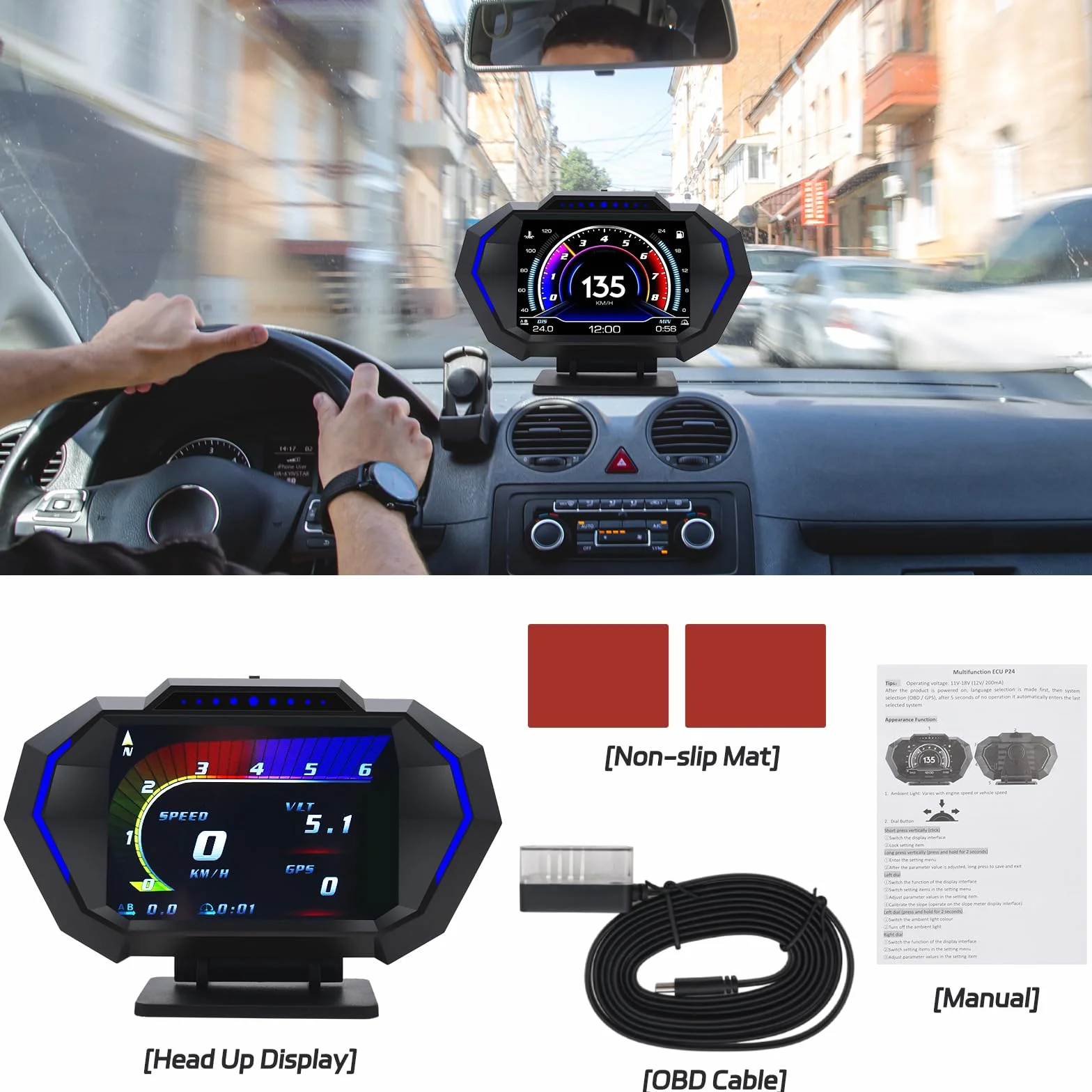 KAOLALI Auto Head up Display OBD2+GPS HUD Tachimetro Digitale Universale con Supporto a Ventosa, Tachimetro Intelligente con Avviso di Velocità, Promemoria Fatica, KMH/MPH per Tutte le Auto