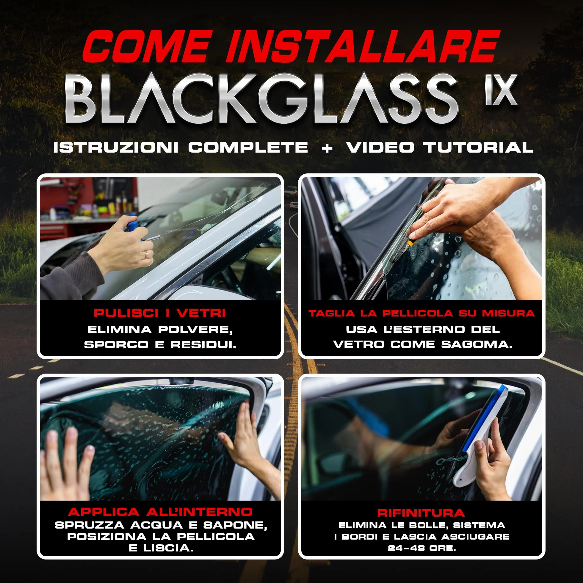 Pellicola Oscurante Vetri Auto BLACKGLASS IX di Alta Qualità (5% VLT, 6m x 0,65m, 2 Strati, Limo Black) Pellicola Parasole, Antiriflesso e Privacy con Istruzioni per Installazione