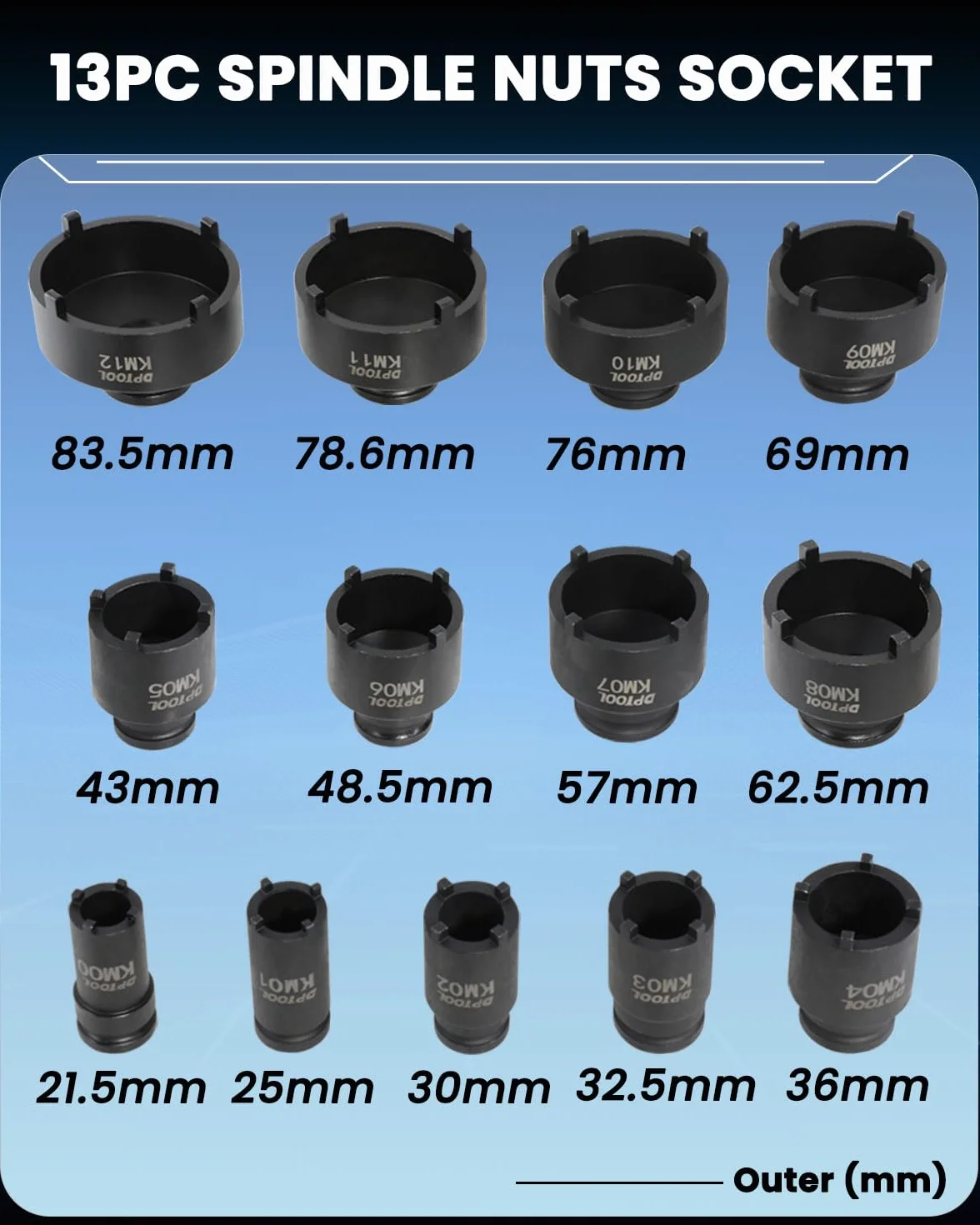 DPTOOL Kit prese per dadi mandrino 13 pezzi, giunti sferici, dado bloccaggio asse, rimozione installazione presa mozzo bloccaggio dadi scanalati KM
