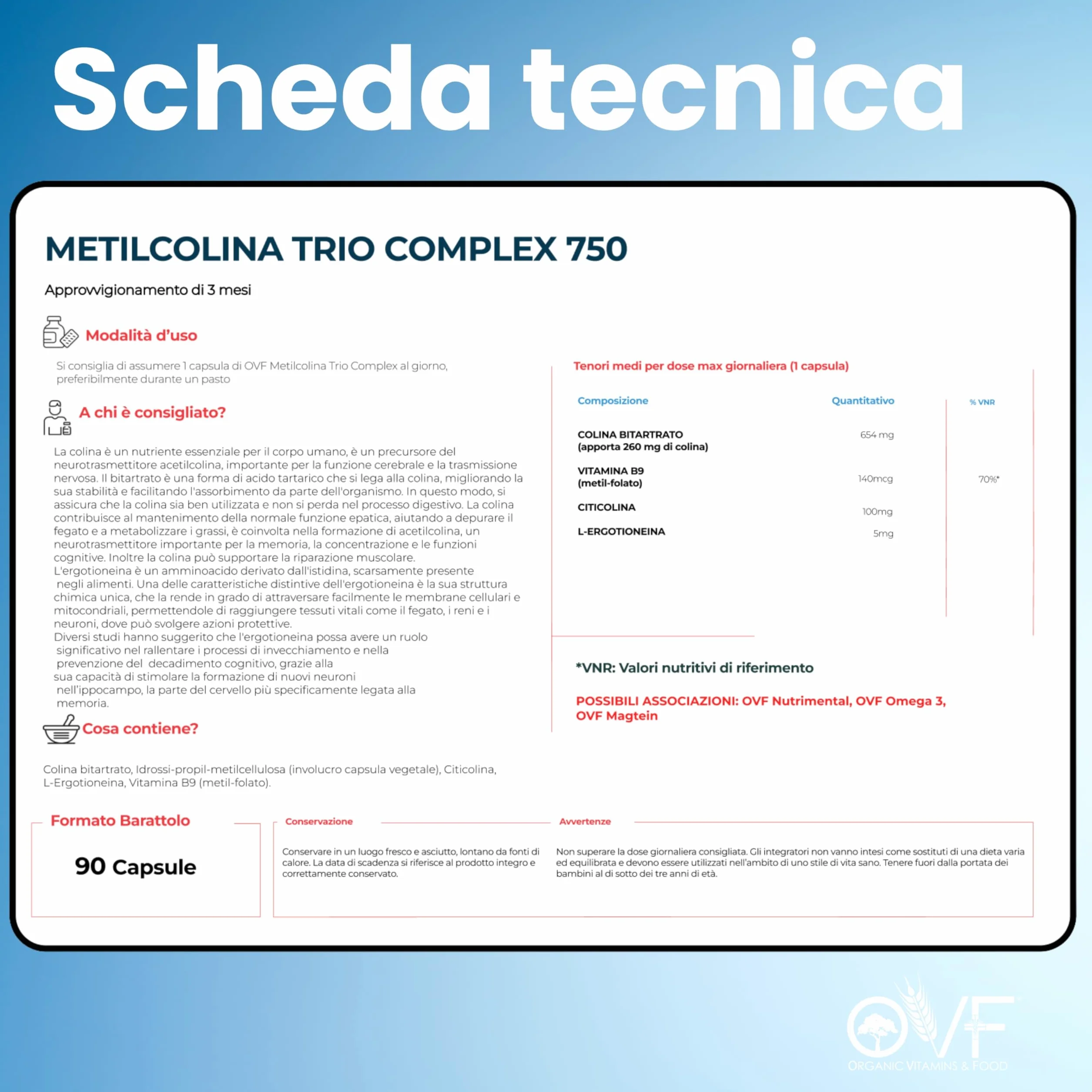 Citicolina Integratore Metilcolina Trio Complex 90 Cps, Supporto Funzioni Cognitive, Nootropico Colina Bitartrato Ergotioneina