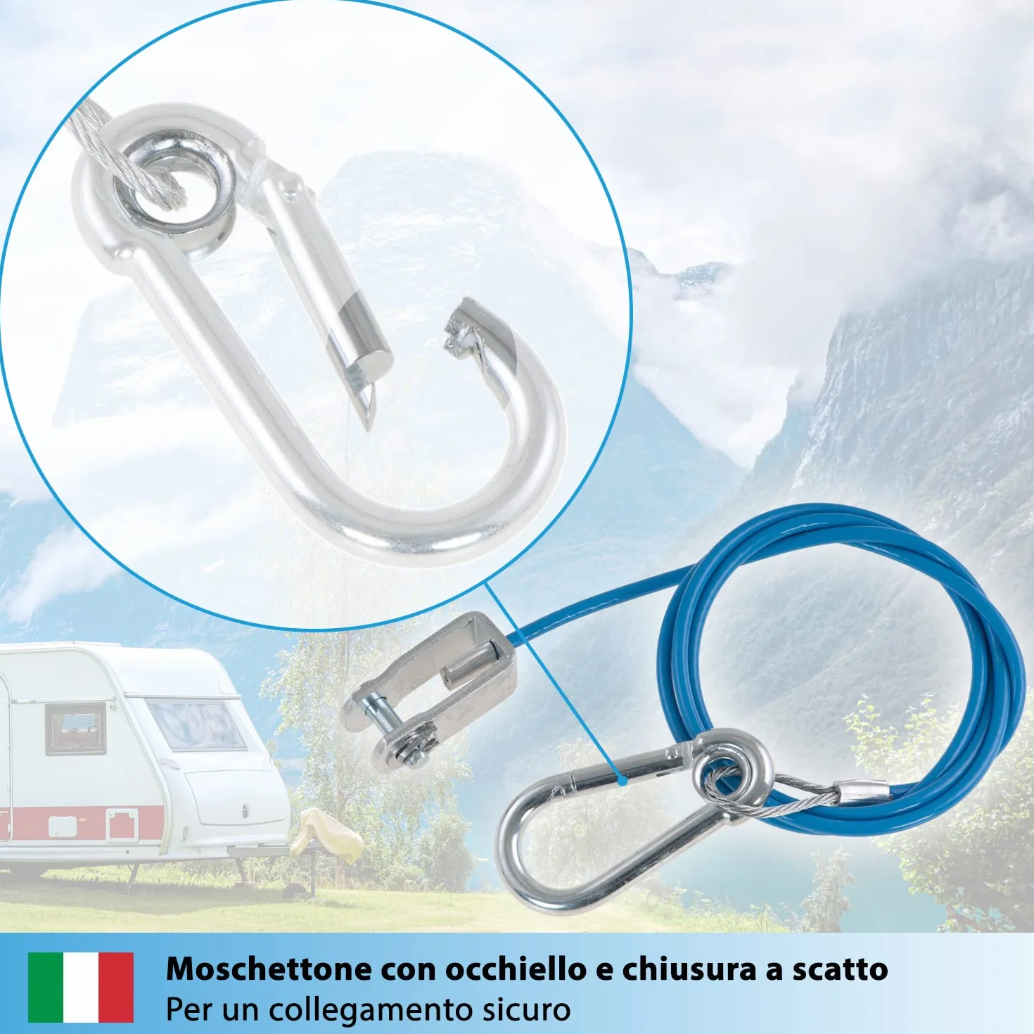 Cavo di sicurezza per rimorchi e caravan 1 m 250 kg blu con moschettone e testa a forcella