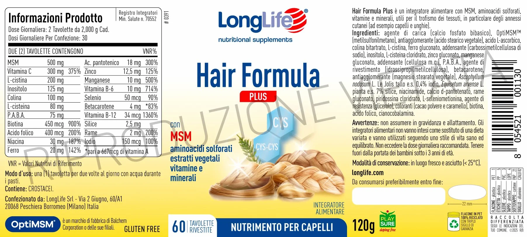 LongLife Hair Formula Plus Integratore Capelli MSM Biotina Vitamine Minerali 60 Tavolette
