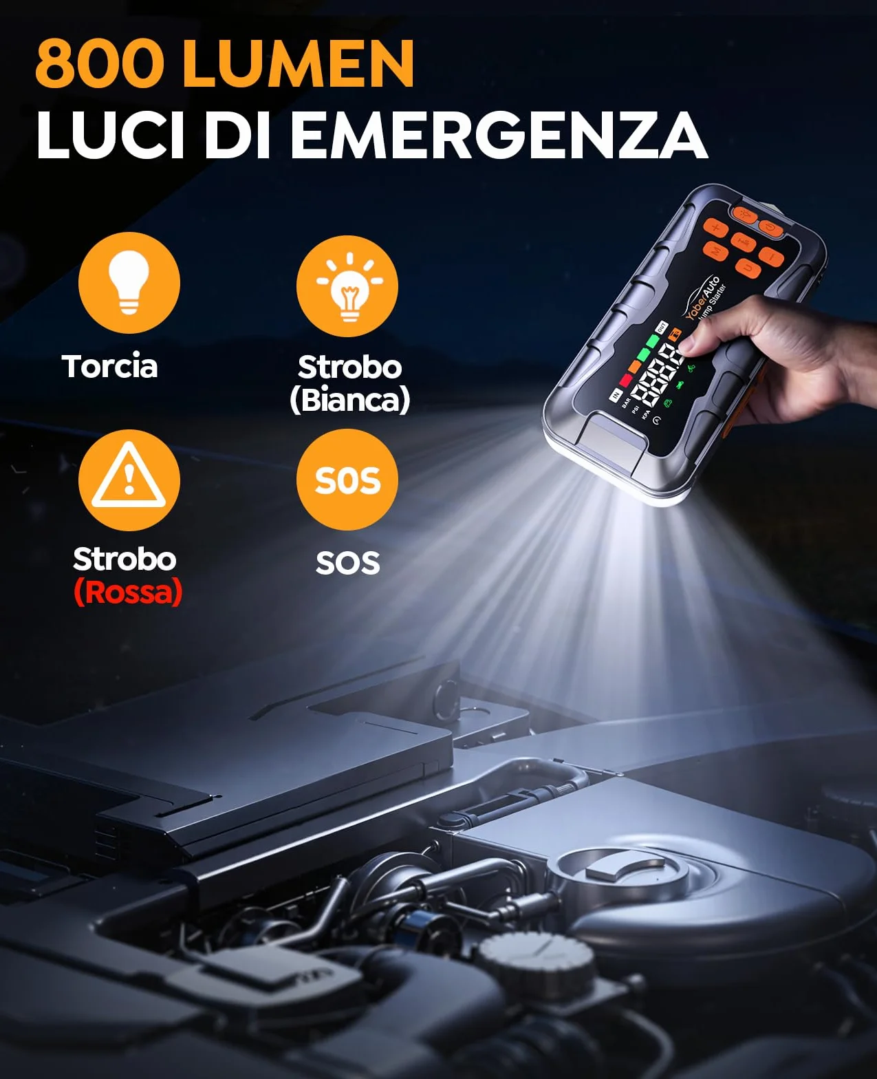 16-In-1 Avviatore Batteria Auto con Compressore 160PSI 8000A 27000mAh, Tutto Gas/14.0L Diesel Avviatore Emergenza per Auto/Moto 12V, YaberAuto Booster Avviamento Portatile Starter Batteria