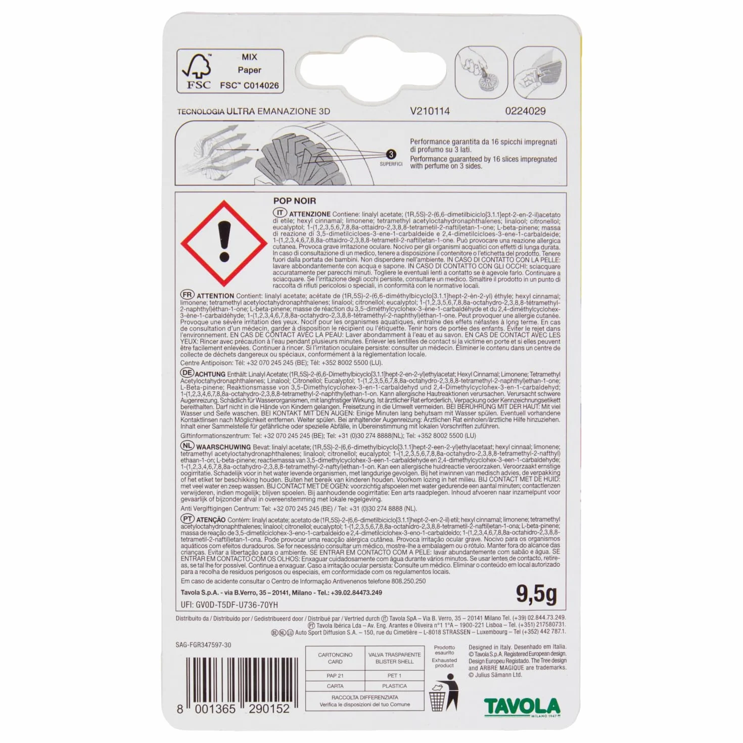 Arbre Magique POP Profumatore Auto Solido Fragranza Noir Durata 30 Giorni Design Italiano 1 Pezzo