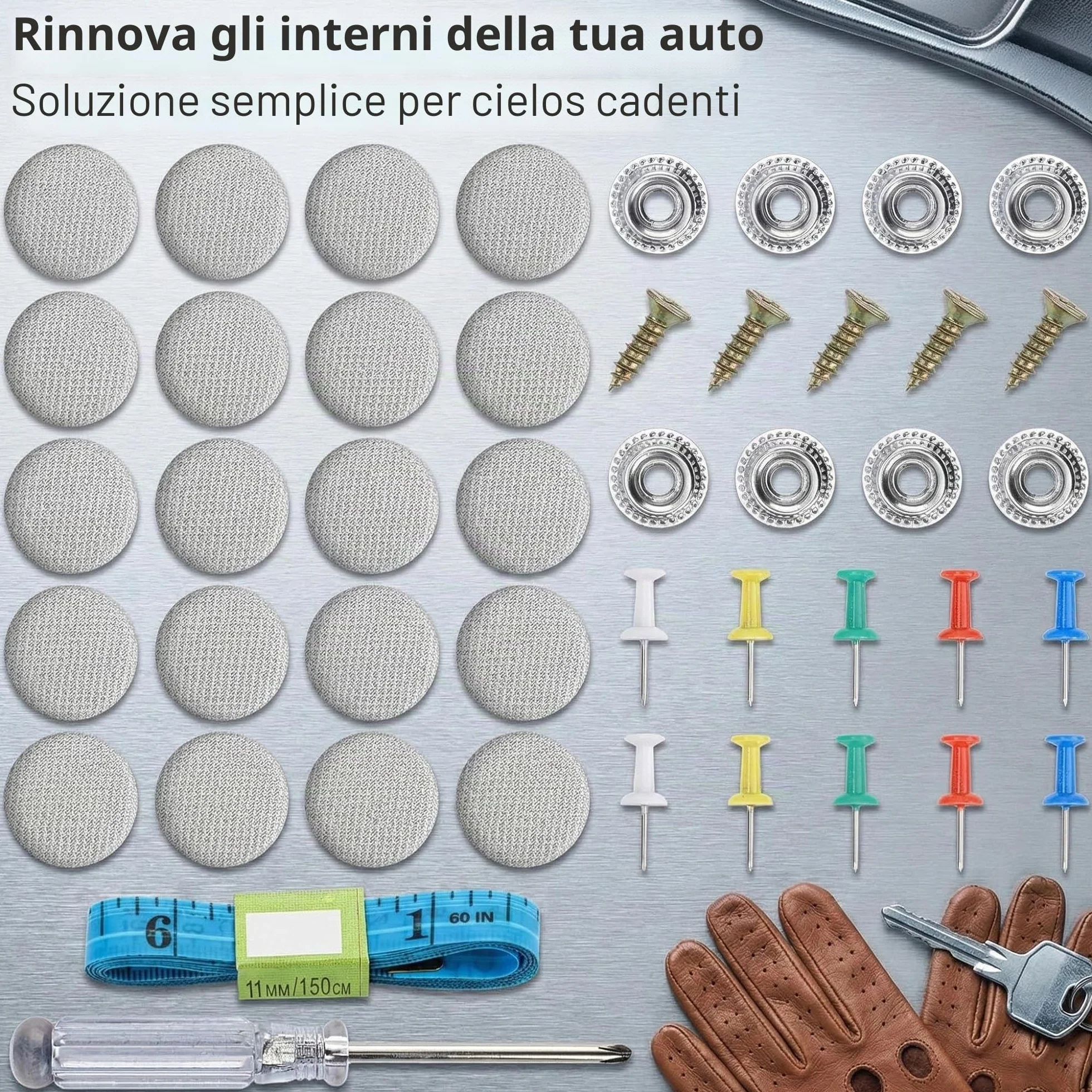 Wenrescry Set di riparazione universale per tettuccio auto, 100 pezzi, clip e bottoni con 100 perni di posizionamento, cacciaviti e metro a nastro, resistente alla ruggine