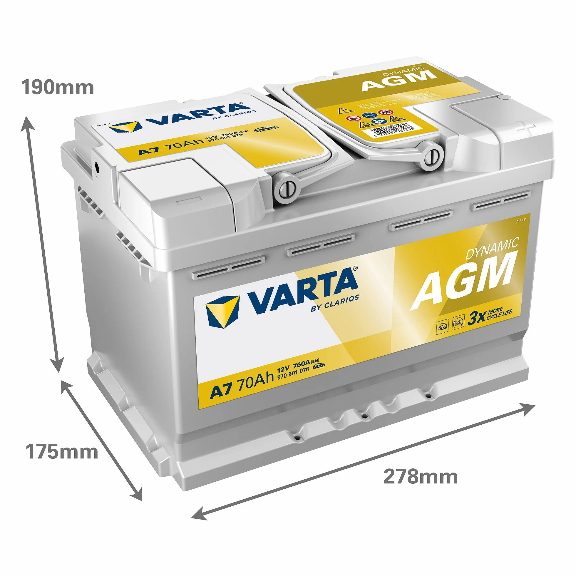 VARTA Automotive DYNAMIC AGM (A7) 12V 70Ah 760A - Batteria auto al piombo-acido per sistemi start-stop e xEV - Batteria di avviamento per fabbisogno energetico più elevato - senza manutenzione