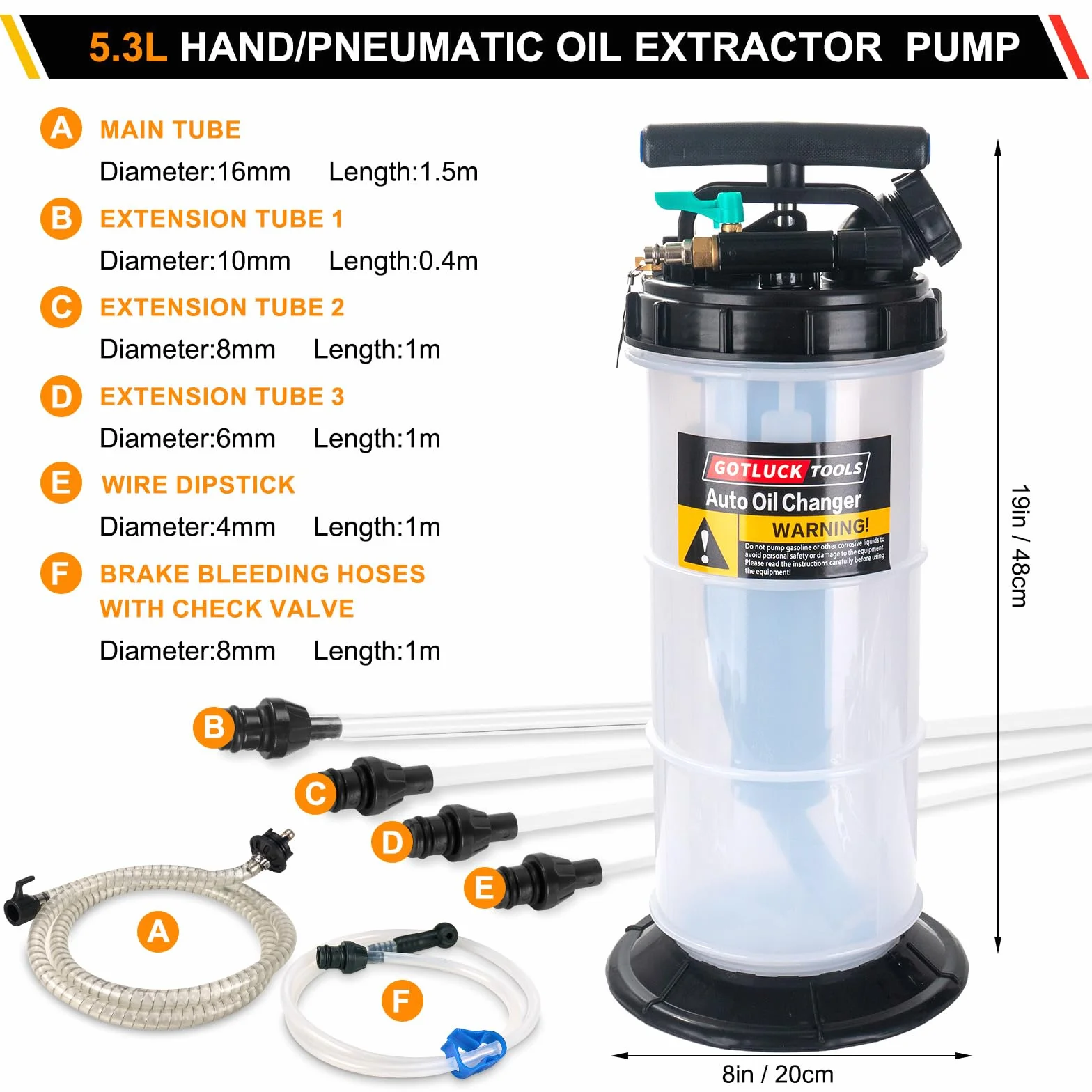 5,3L Manuale e Pneumatico Pompa estrattore liquidi Olio，Pompa Aspirazione Olio per Cambio Olio di Motore，Pompa di Aspirazione Liquido Pompa con 6 Tubi