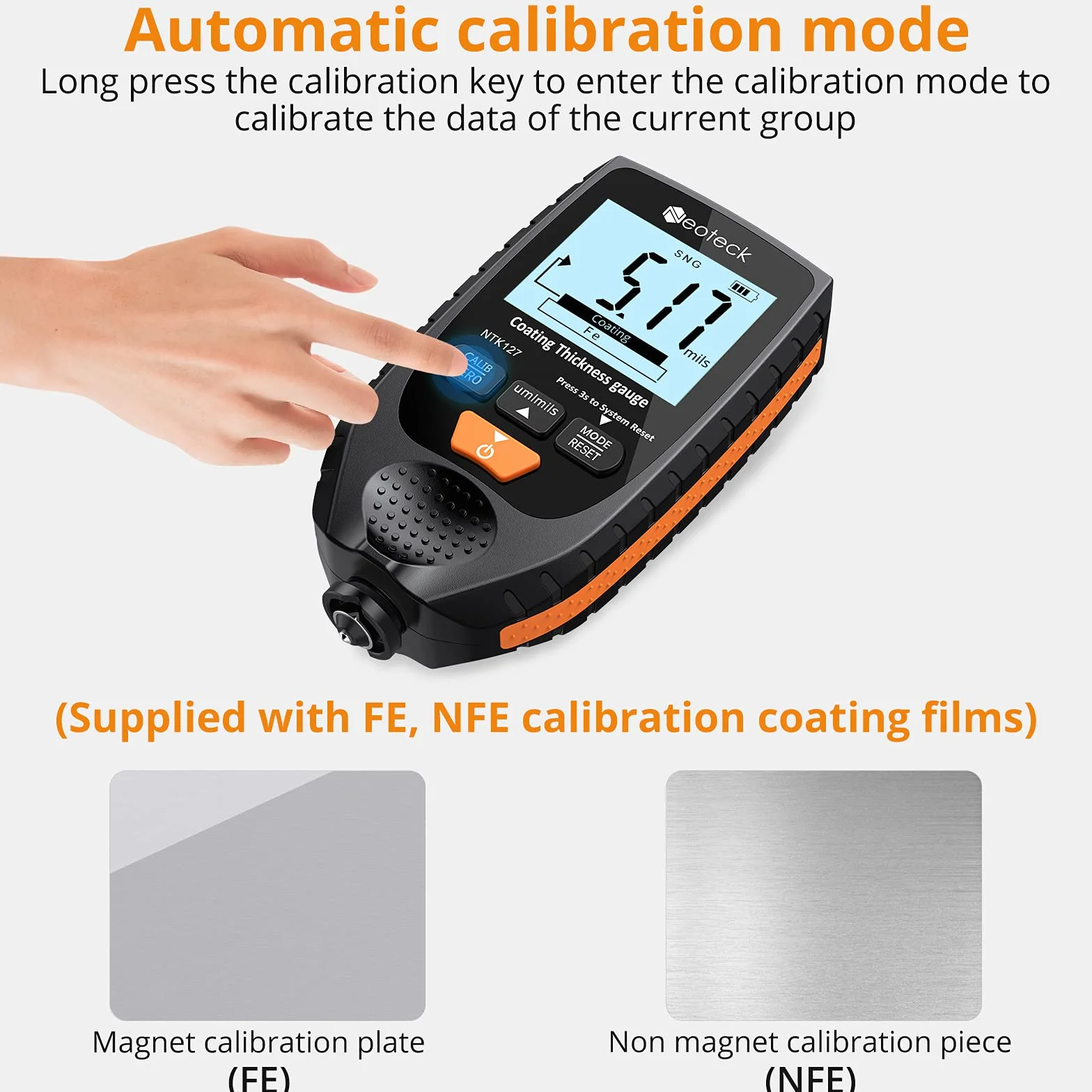 Neoteck Spessimetro per Vernice Auto Digitale 0-1500um Handheld LCD Misuratore di Spessore del Rivestimento Set Tester di Spessore della Vernice per Auto di Metallo Sonda Fe NFe - Arancione