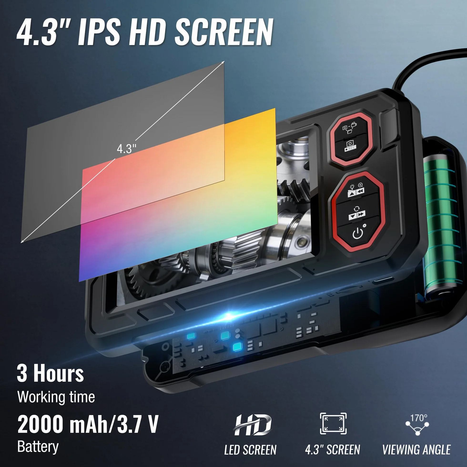 WORKPRO Endoscopio 4.3" HD 1080P IP67 Impermeabile 8+1 LED Sonda 8mm Cavo Semirigido 5m Ispezione