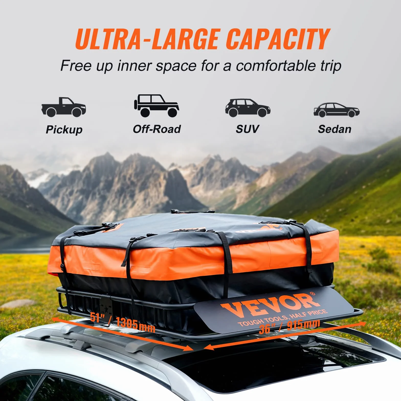 VEVOR Cestello Portabagagli da Tetto Auto SUV Acciaio Q195 130,5x91,5x12,7 cm Capacità 90,7 kg 16,3 kg